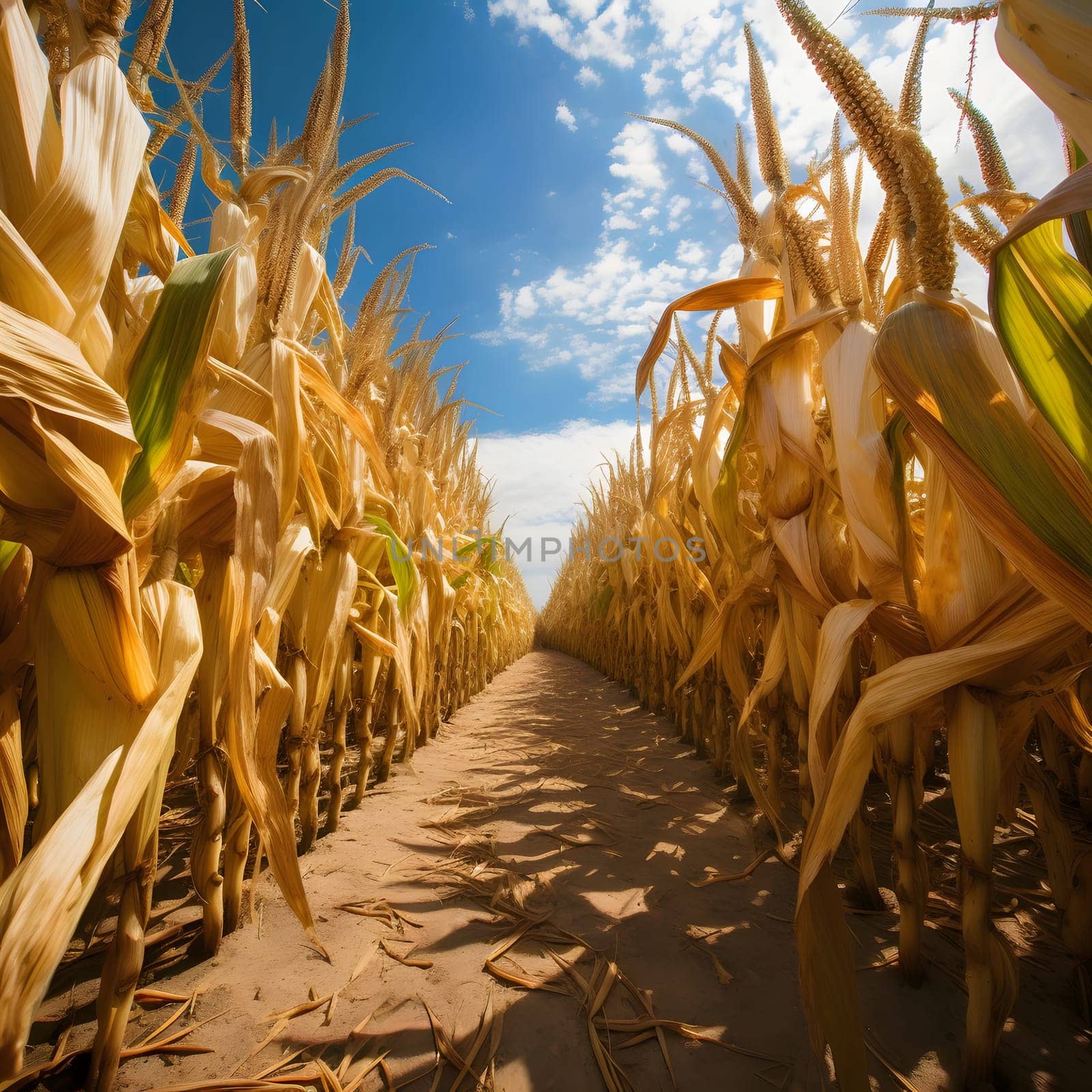 A field of corn plants with big yellow cobs. Corn as a dish of thanksgiving for the harvest. An atmosphere of joy and celebration.