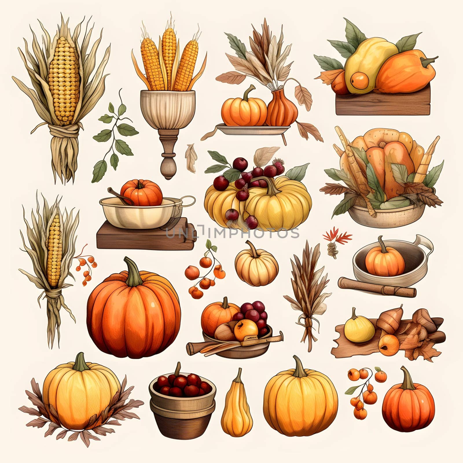 Thanksgiving stickers with cobs, corn, pumpkins, leaves. Corn as a dish of thanksgiving for the harvest, picture on a white isolated background. An atmosphere of joy and celebration.