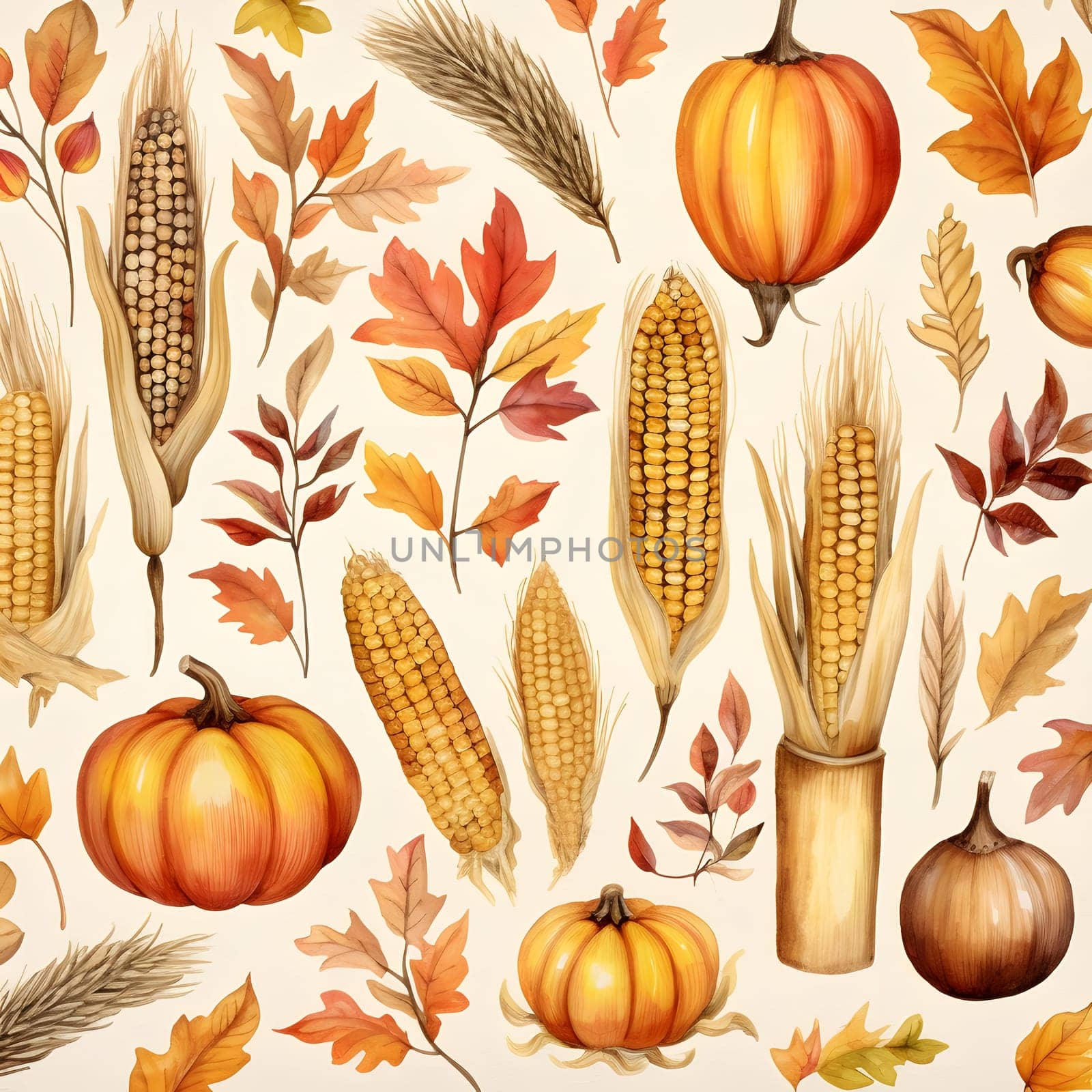 Elegant and modern. Corns, cobs, leaves, pumpkins, as abstract background, wallpaper, banner, texture design with pattern - vector. White colors.