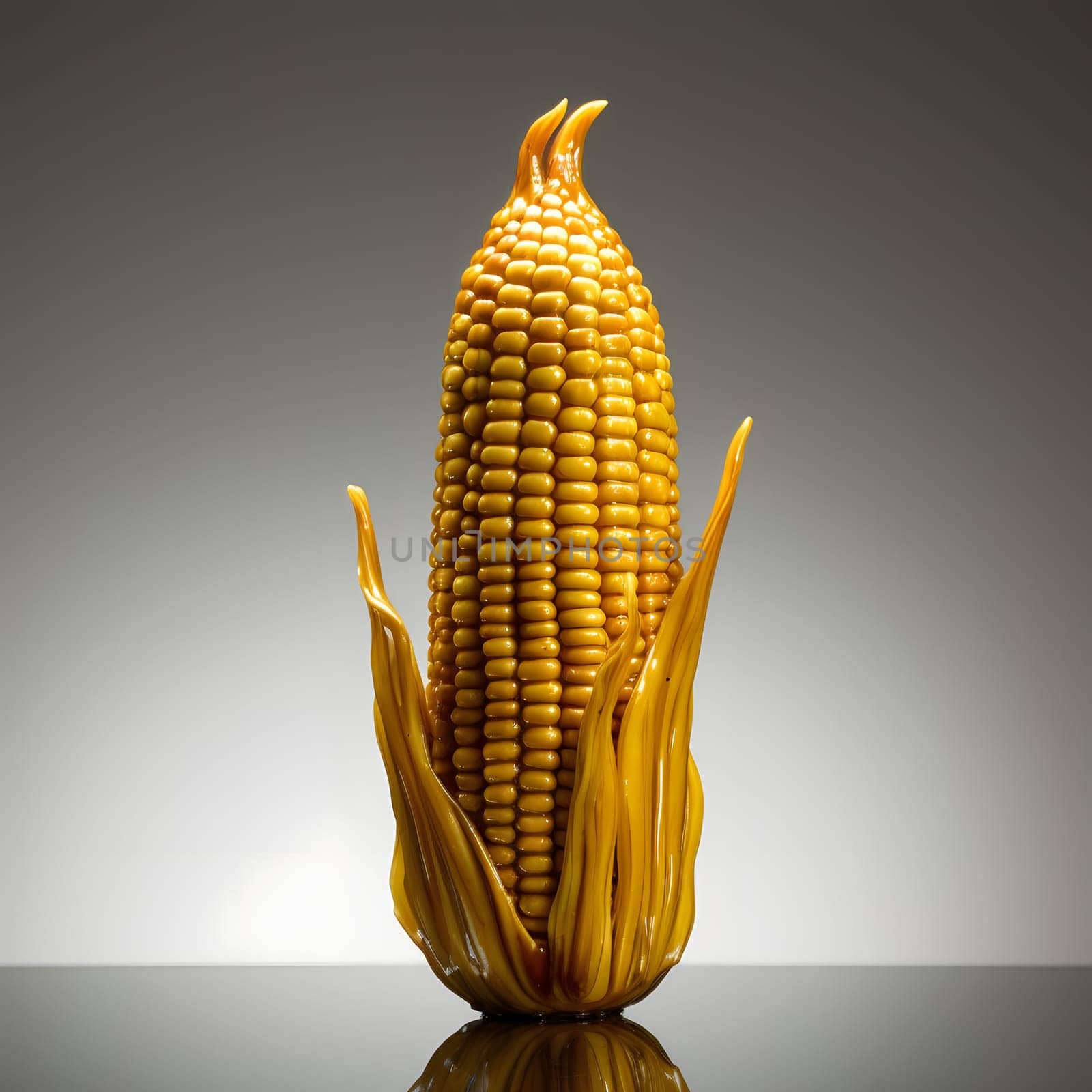 Standing corn cob in leaf old on gray background. Corn as a dish of thanksgiving for the harvest. An atmosphere of joy and celebration.