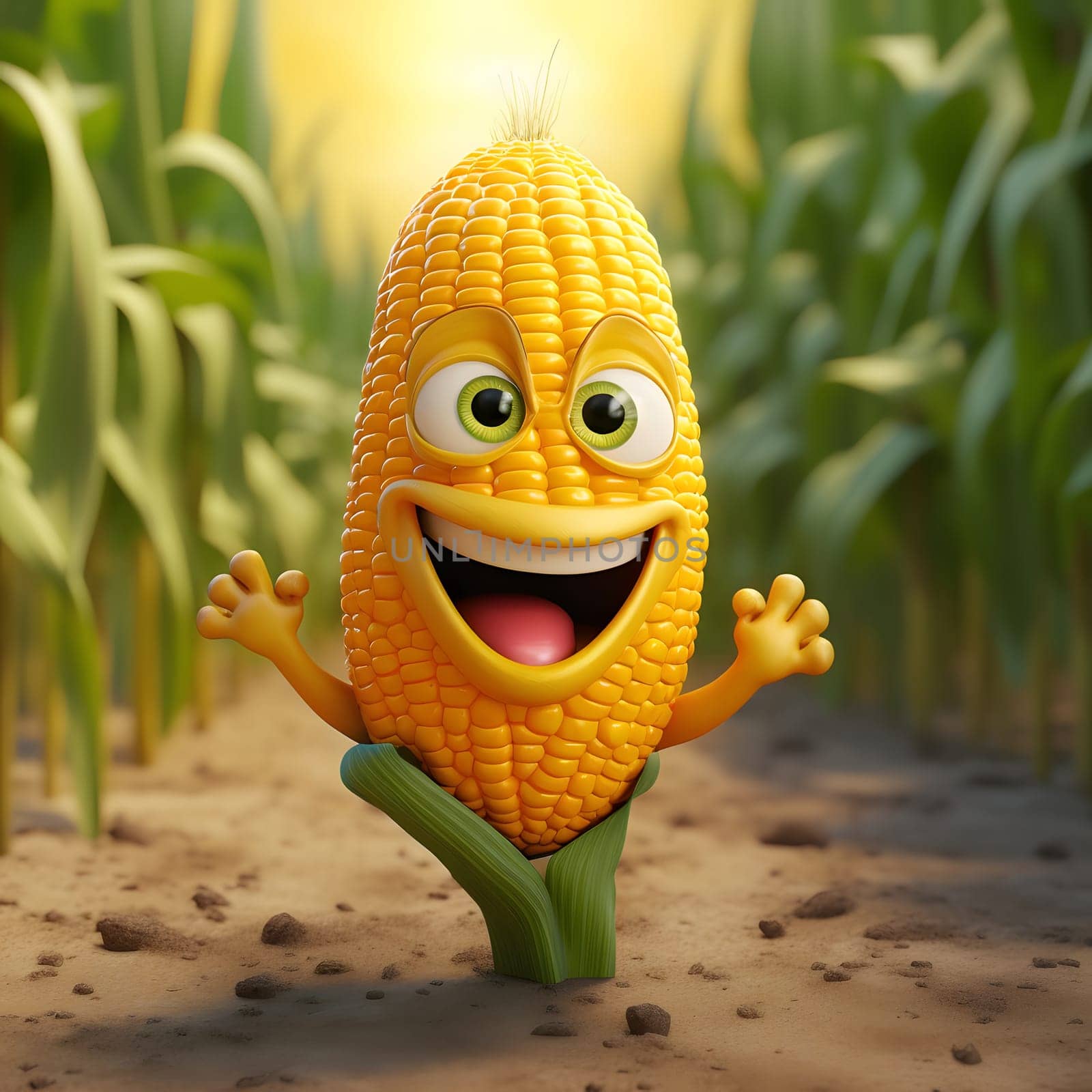 Happy smiling toy corn cob. Corn as a dish of thanksgiving for the harvest. An atmosphere of joy and celebration.