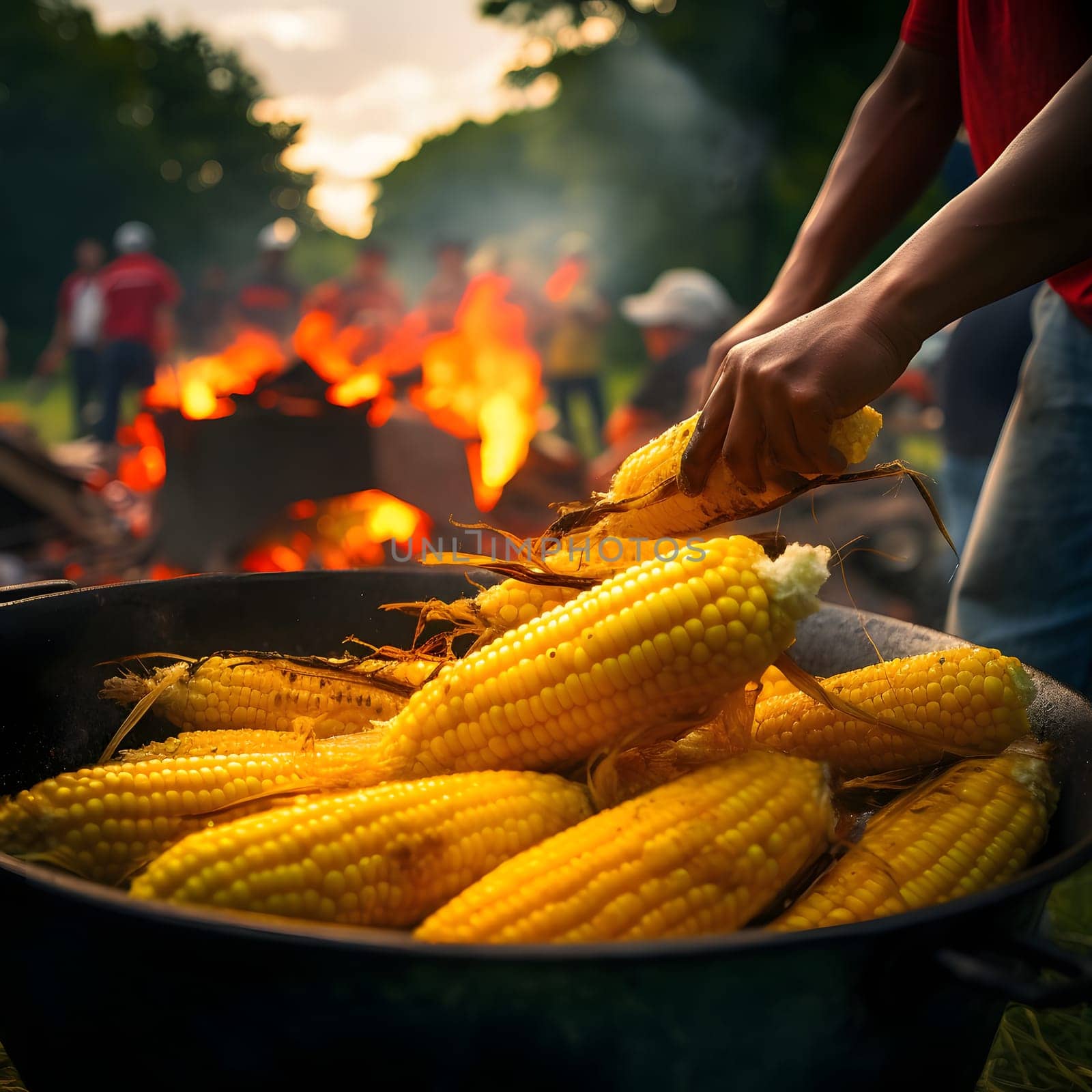 A large metal bowl with cobs, corn and a man and receiving. Corn as a dish of thanksgiving for the harvest. An atmosphere of joy and celebration.