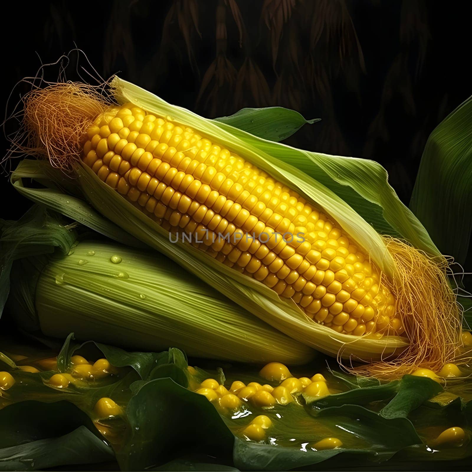 Two yellow corn cobs in a leaf. Corn as a dish of thanksgiving for the harvest. An atmosphere of joy and celebration.