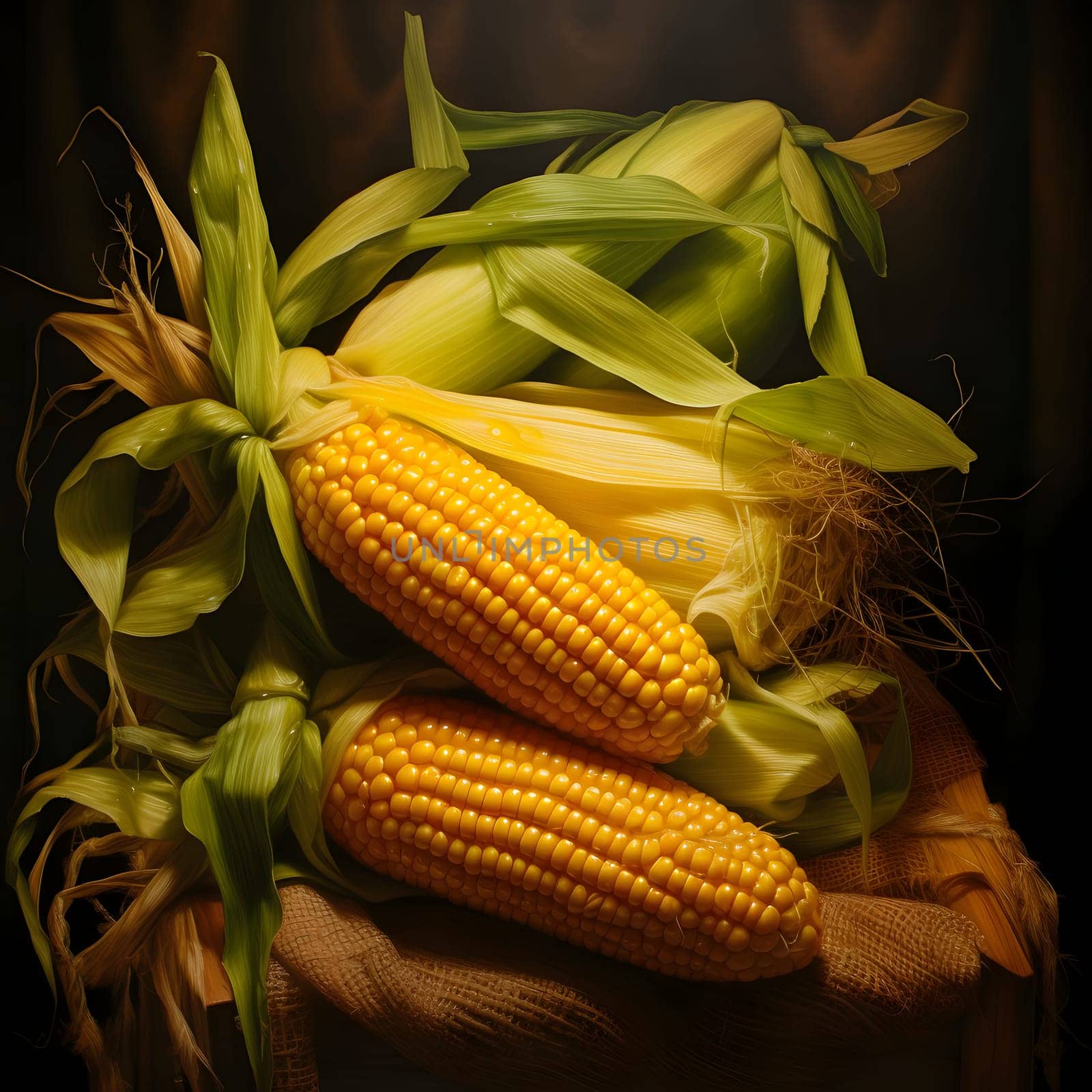 Yellow corn cobs, elegantly arranged. Corn as a dish of thanksgiving for the harvest. An atmosphere of joy and celebration.