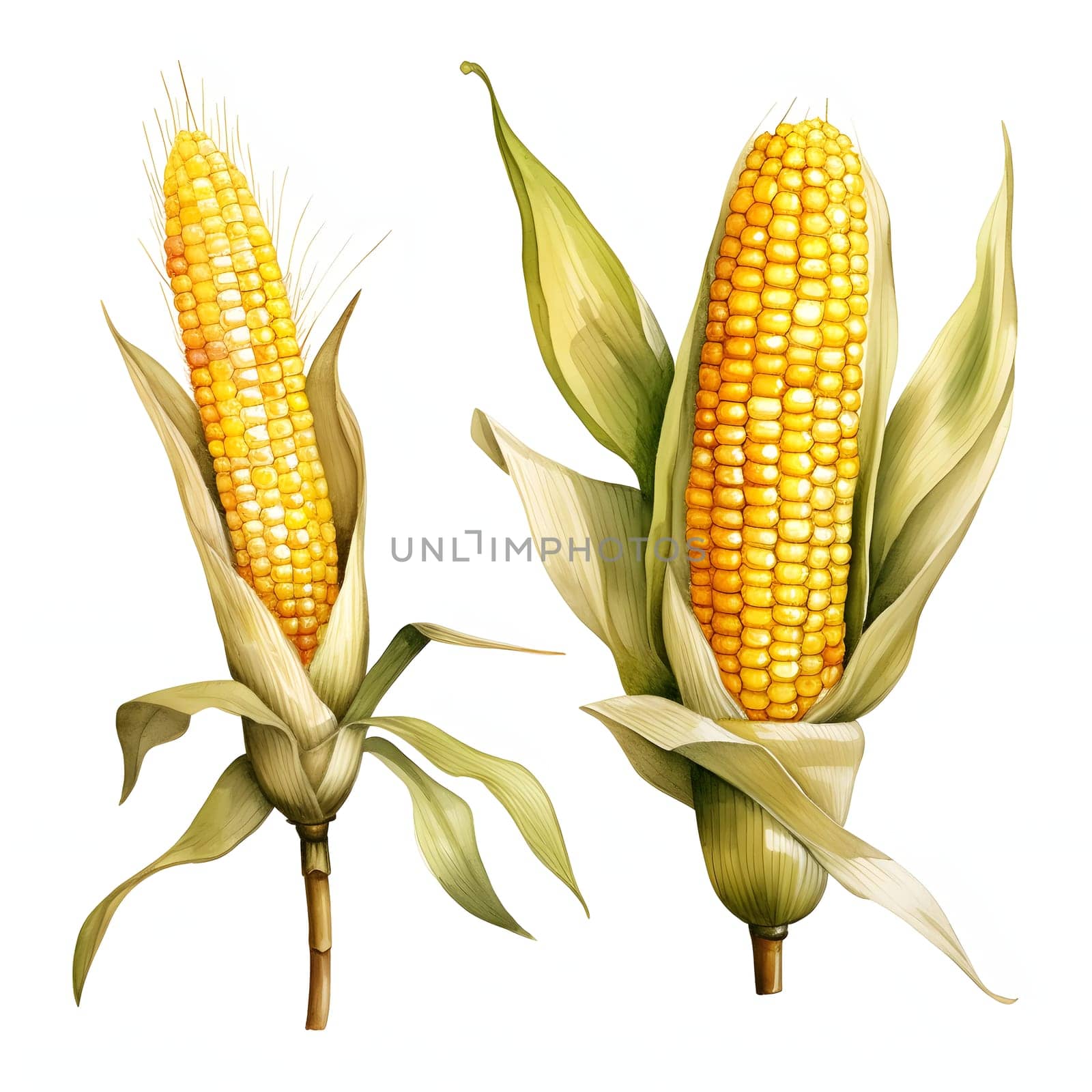 Illustration of two corn cobs in leaves, one thick, the other thin. Corn as a dish of thanksgiving for the harvest, picture on a white isolated background. An atmosphere of joy and celebration.