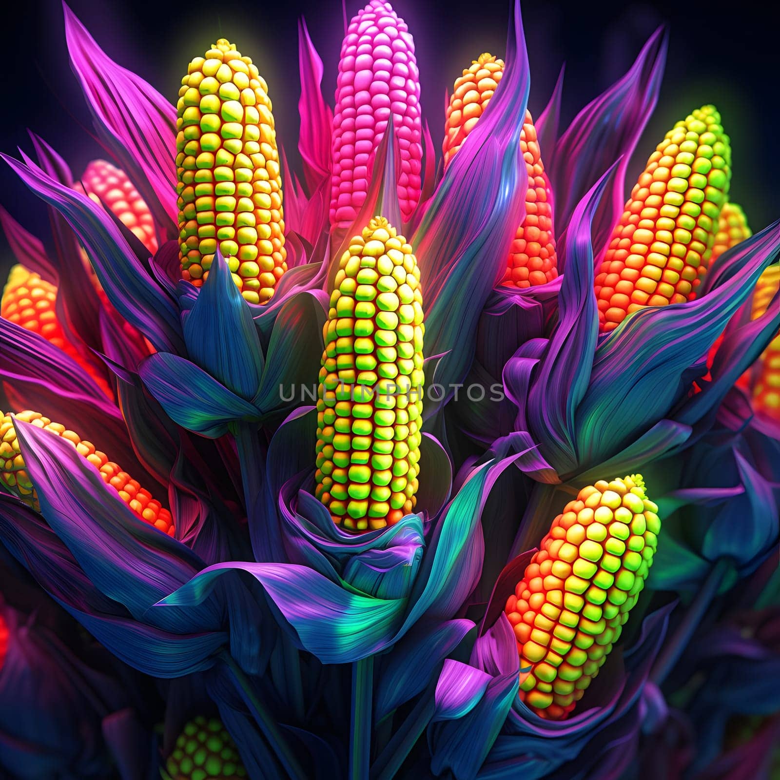 Yellow Corn Cobs on Purple Pink Green, Stalks and Leaves. Corn as a dish of thanksgiving for the harvest. An atmosphere of joy and celebration.