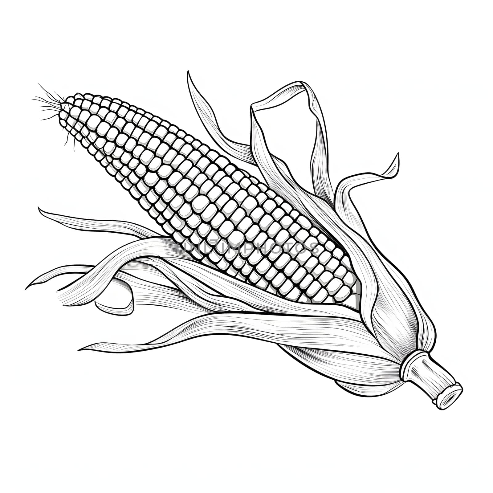 Black and White coloring book, corn cob in a leaf. Corn as a dish of thanksgiving for the harvest, picture on a white isolated background. An atmosphere of joy and celebration.