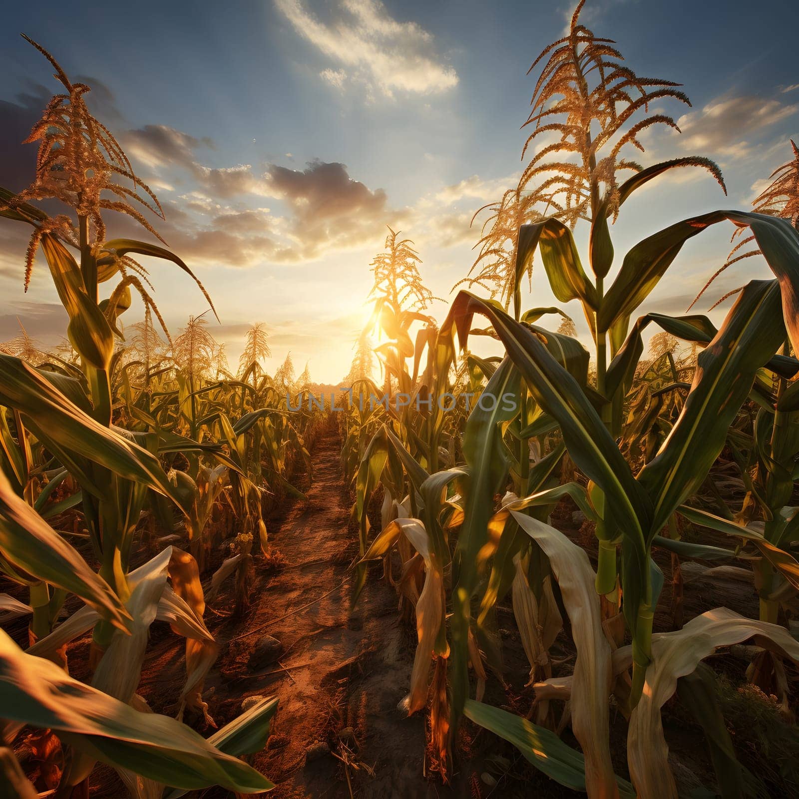 Corn field photo at sunrise or sunset. The phase of having kwicia. Corn as a dish of thanksgiving for the harvest. by ThemesS