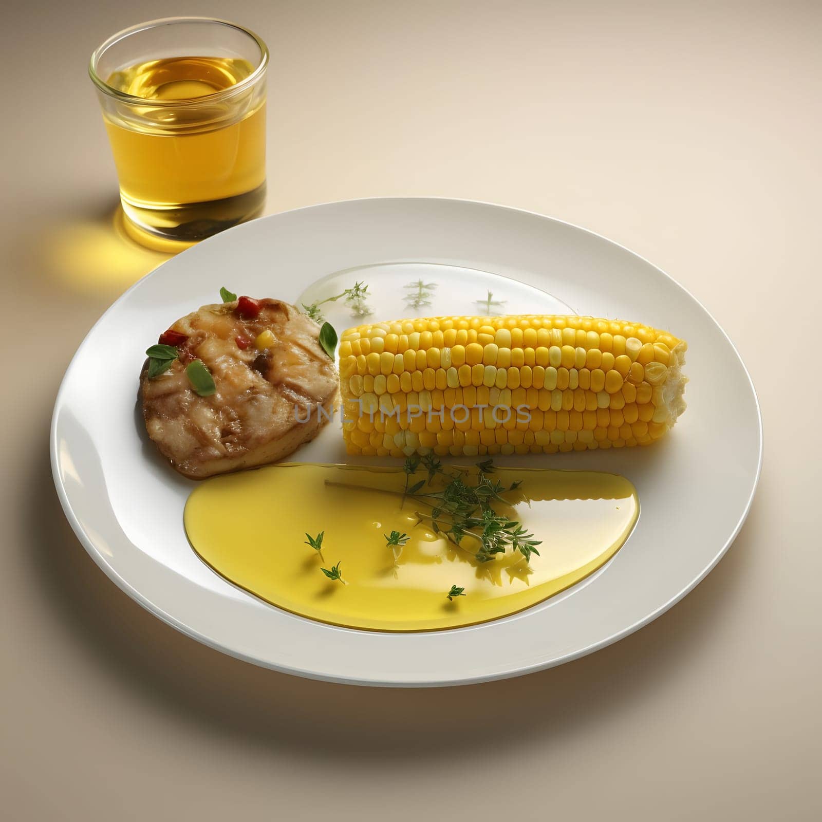 A white plate, and on it a cob of corn, oil, a piece of meat and orange juice in a glass. Corn as a dish of thanksgiving for the harvest. An atmosphere of joy and celebration.