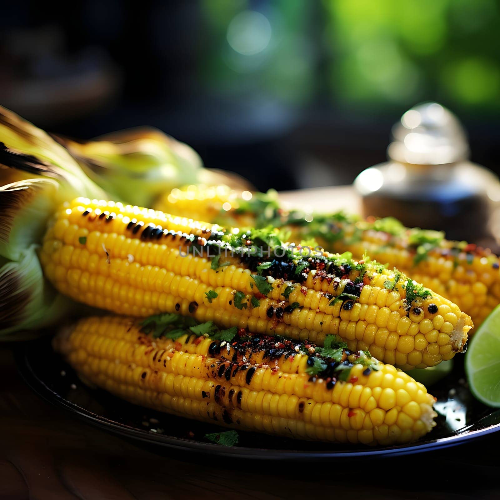 Yellow corn cobs with spices sprinkle scientific vegetable as decoration smudged background. Corn as a dish of thanksgiving for the harvest. An atmosphere of joy and celebration.