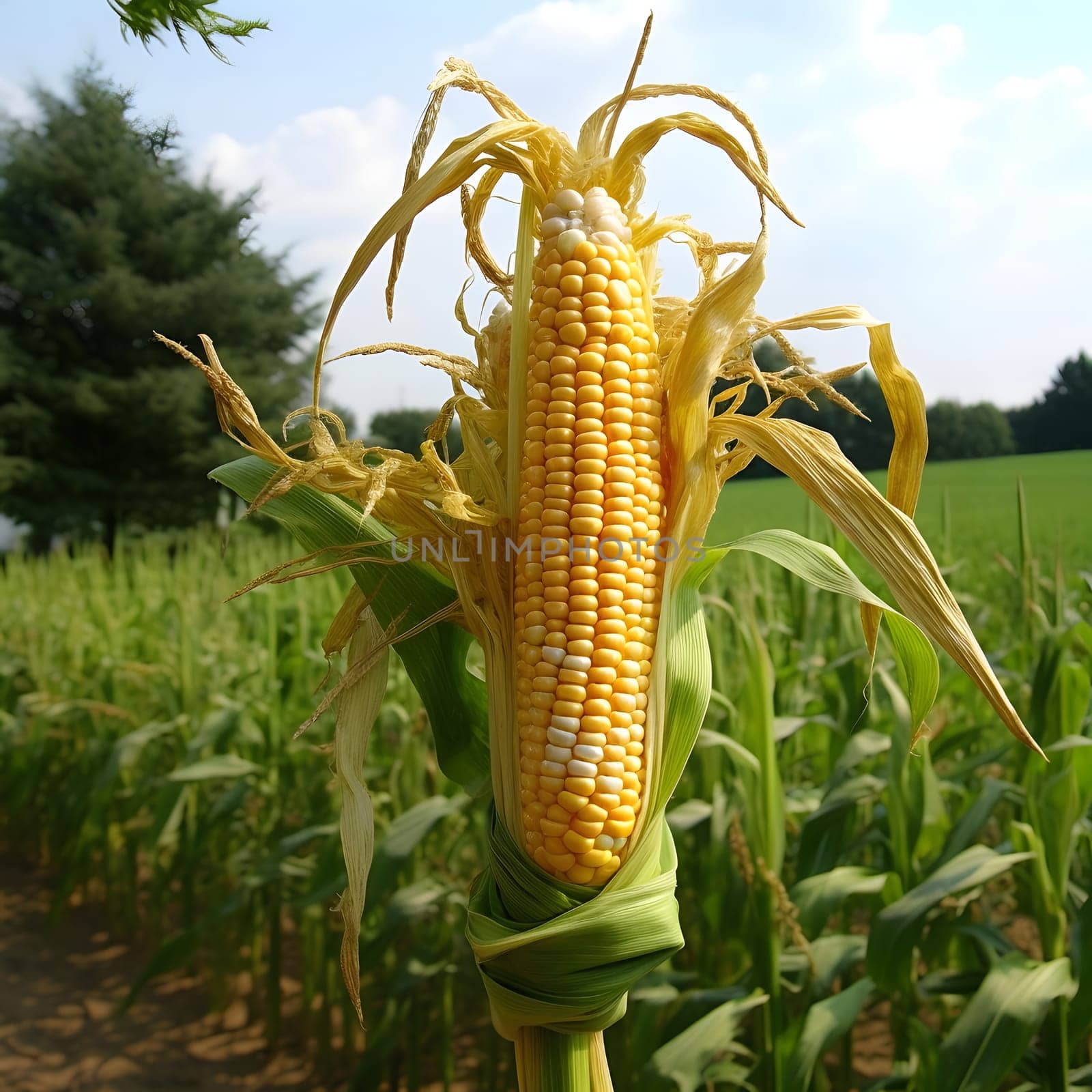 Photo of a tall yellow corn cob in a corn field. Corn as a dish of thanksgiving for the harvest. An atmosphere of joy and celebration.