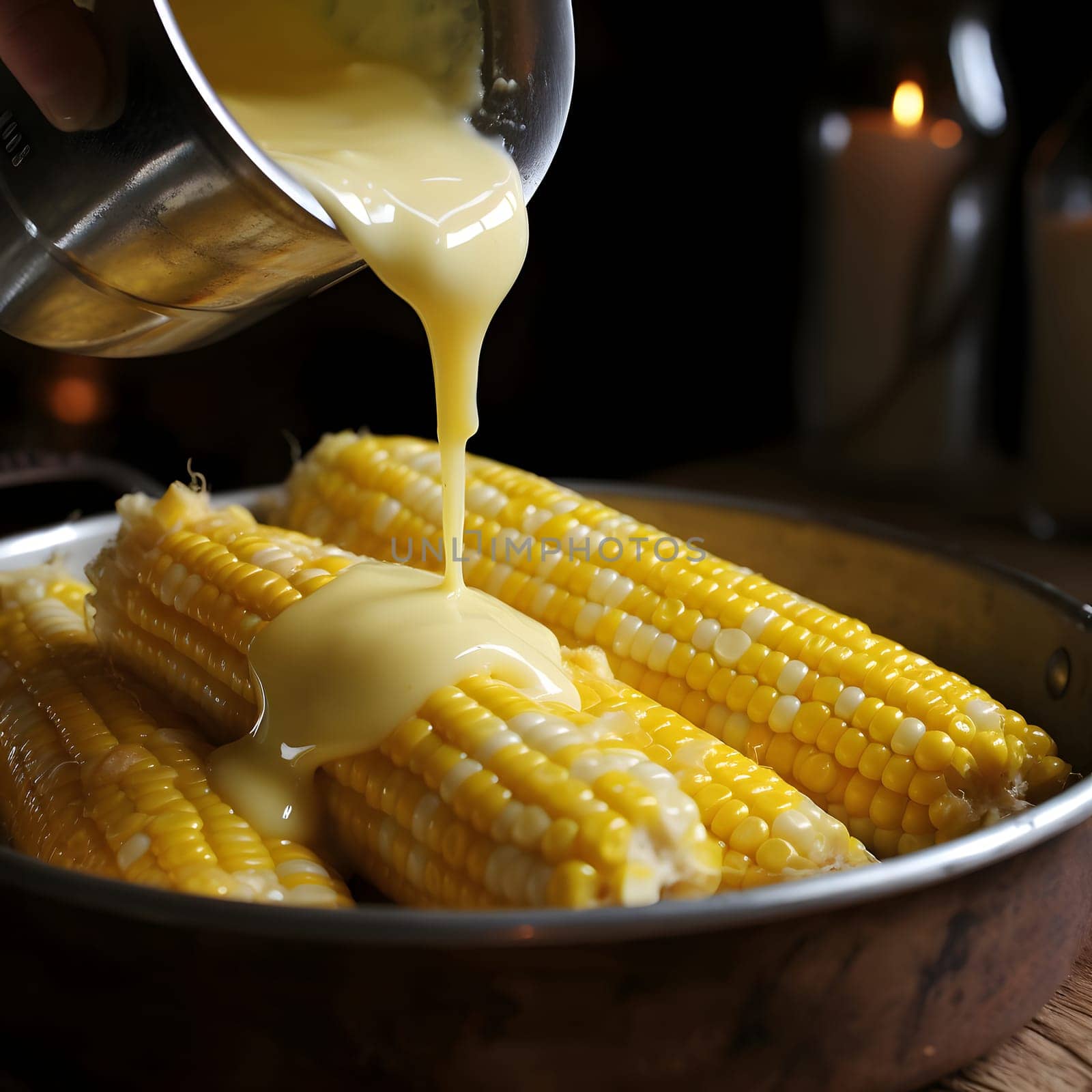 Yellow corn cob on a plate cast with corn sauce. Corn as a dish of thanksgiving for the harvest. An atmosphere of joy and celebration.