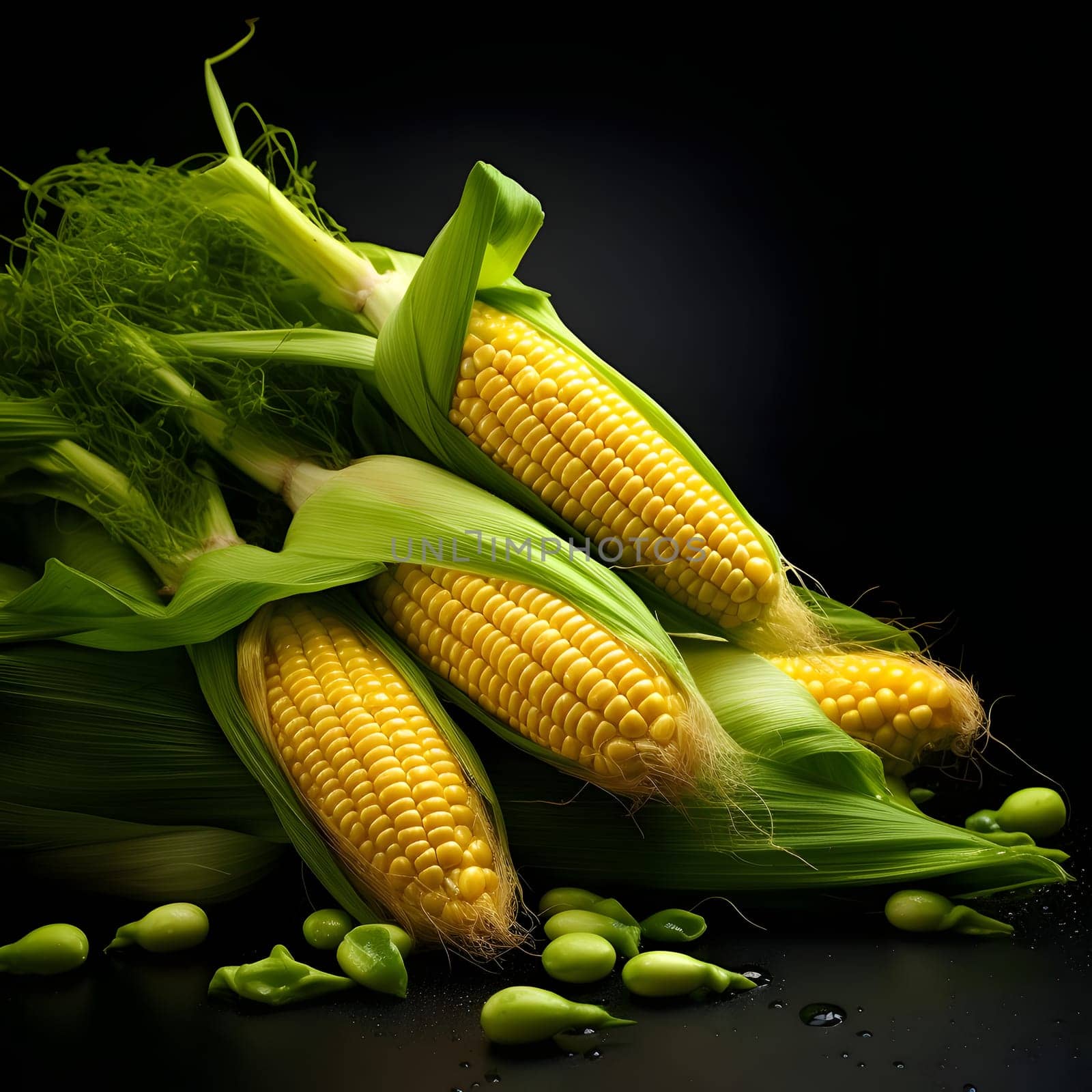 Four yellow corn cobs unpeeled from the leaf on a dark background. Corn as a dish of thanksgiving for the harvest. An atmosphere of joy and celebration.