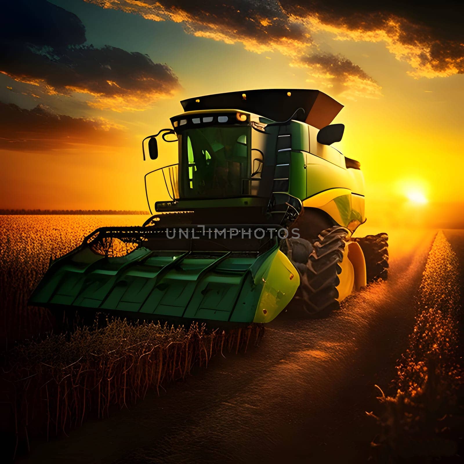 A combine working in the field at sunset. Corn as a dish of thanksgiving for the harvest. An atmosphere of joy and celebration.
