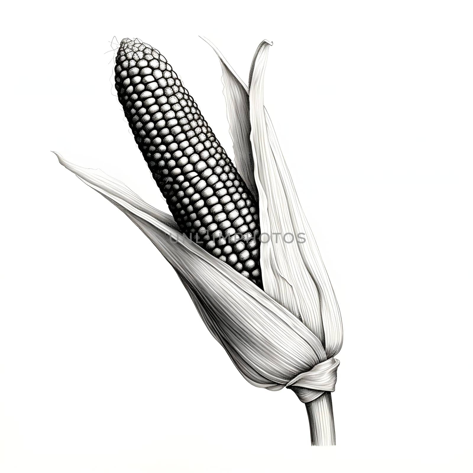 Black and White corn cob in leaf with stalk. Corn as a dish of thanksgiving for the harvest, picture on a white isolated background. An atmosphere of joy and celebration.