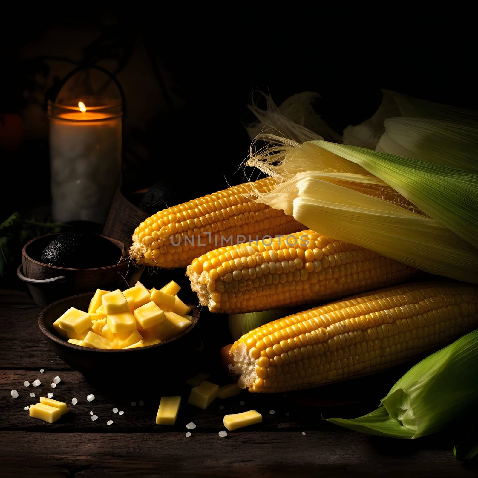 Yellow cobs, corn slices of yellow cheese and a candle on a dark background. Corn as a dish of thanksgiving for the harvest. An atmosphere of joy and celebration.