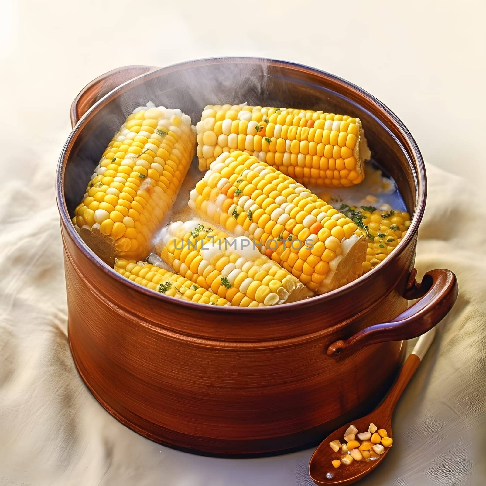 Yellow corn cobs in a pot while cooking. Corn as a dish of thanksgiving for the harvest. An atmosphere of joy and celebration.