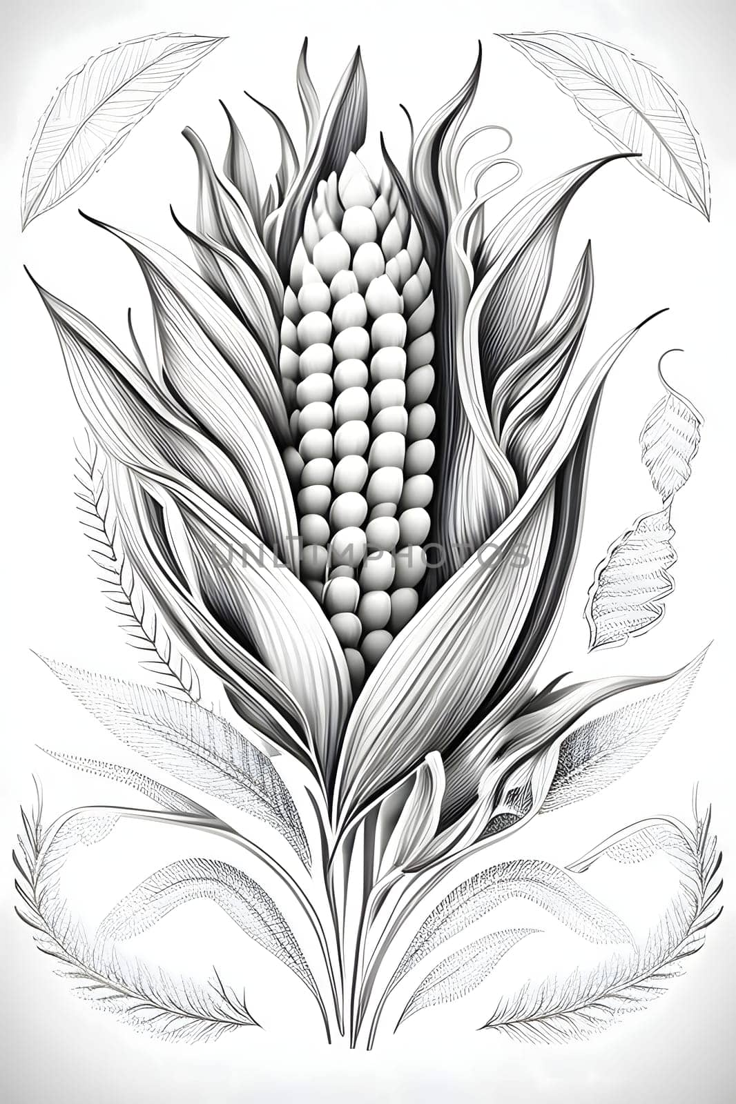 Black and White corn cob with a leaf on the stalk. Corn as a dish of thanksgiving for the harvest, picture on a white isolated background. by ThemesS