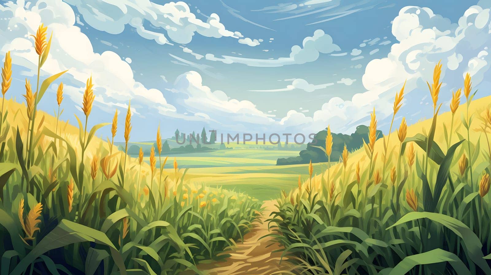 Illustration of corn field with meadow. Corn as a dish of thanksgiving for the harvest. An atmosphere of joy and celebration.