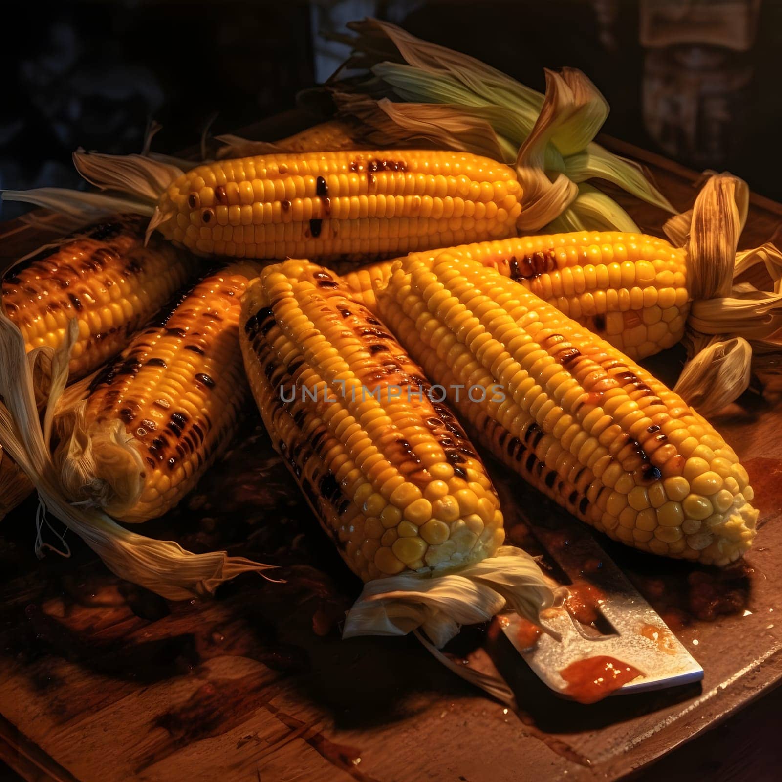 Yellow corn cobs with spices sprinkle scientific vegetable as decoration smudged background. Corn as a dish of thanksgiving for the harvest. by ThemesS