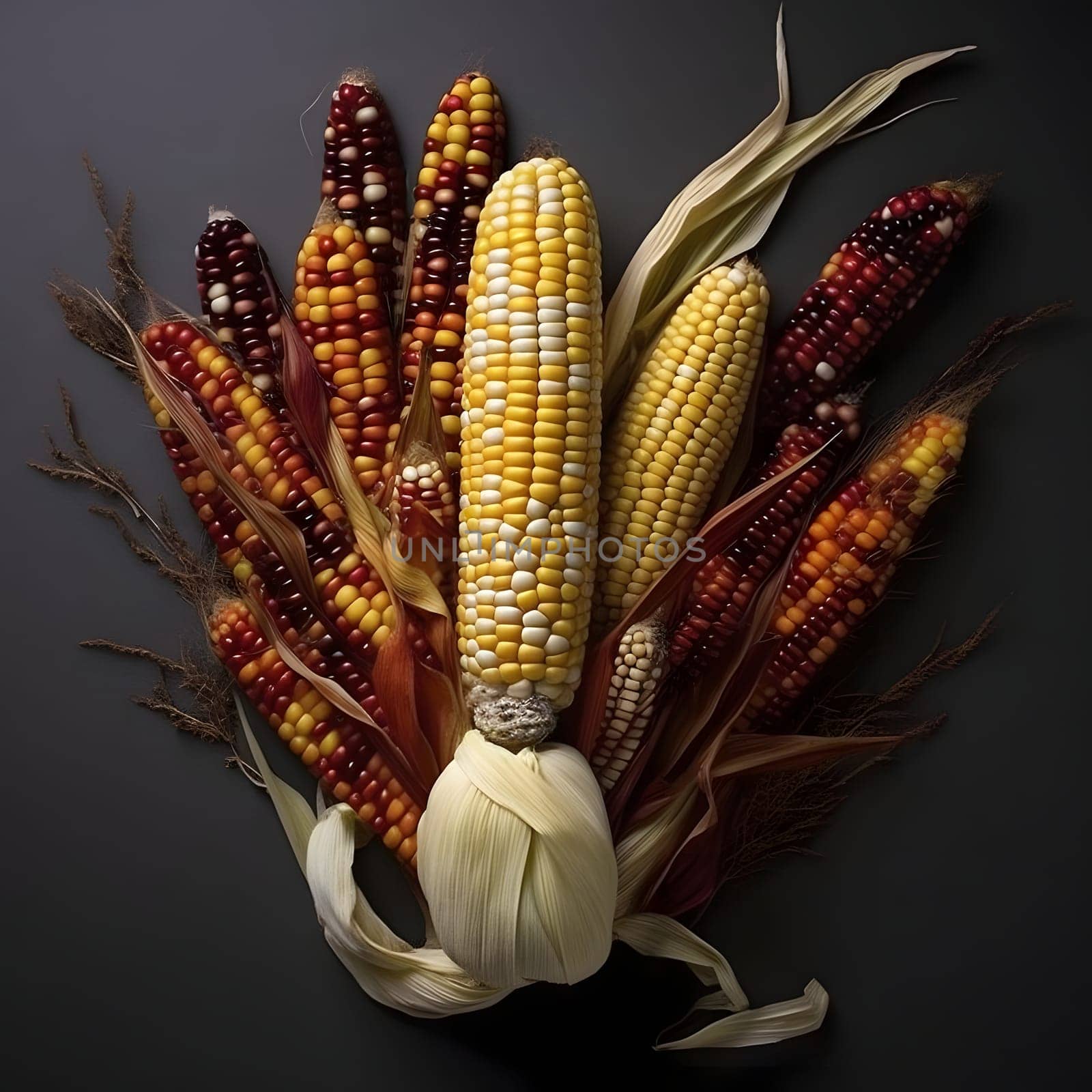 Yellow white, red and black cobs, corn arranged in a flower on a dark uniform background. Corn as a dish of thanksgiving for the harvest. An atmosphere of joy and celebration.