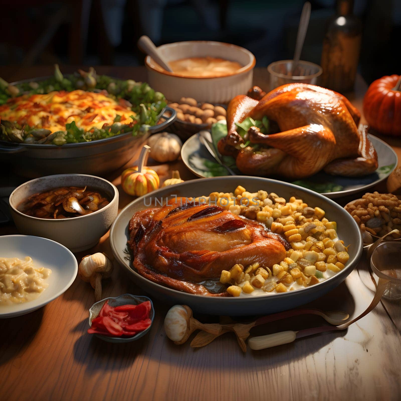 Thanksgiving meal, corn kernels, pumpkins, pies, roast turkey on a wooden table. Corn as a dish of thanksgiving for the harvest. by ThemesS