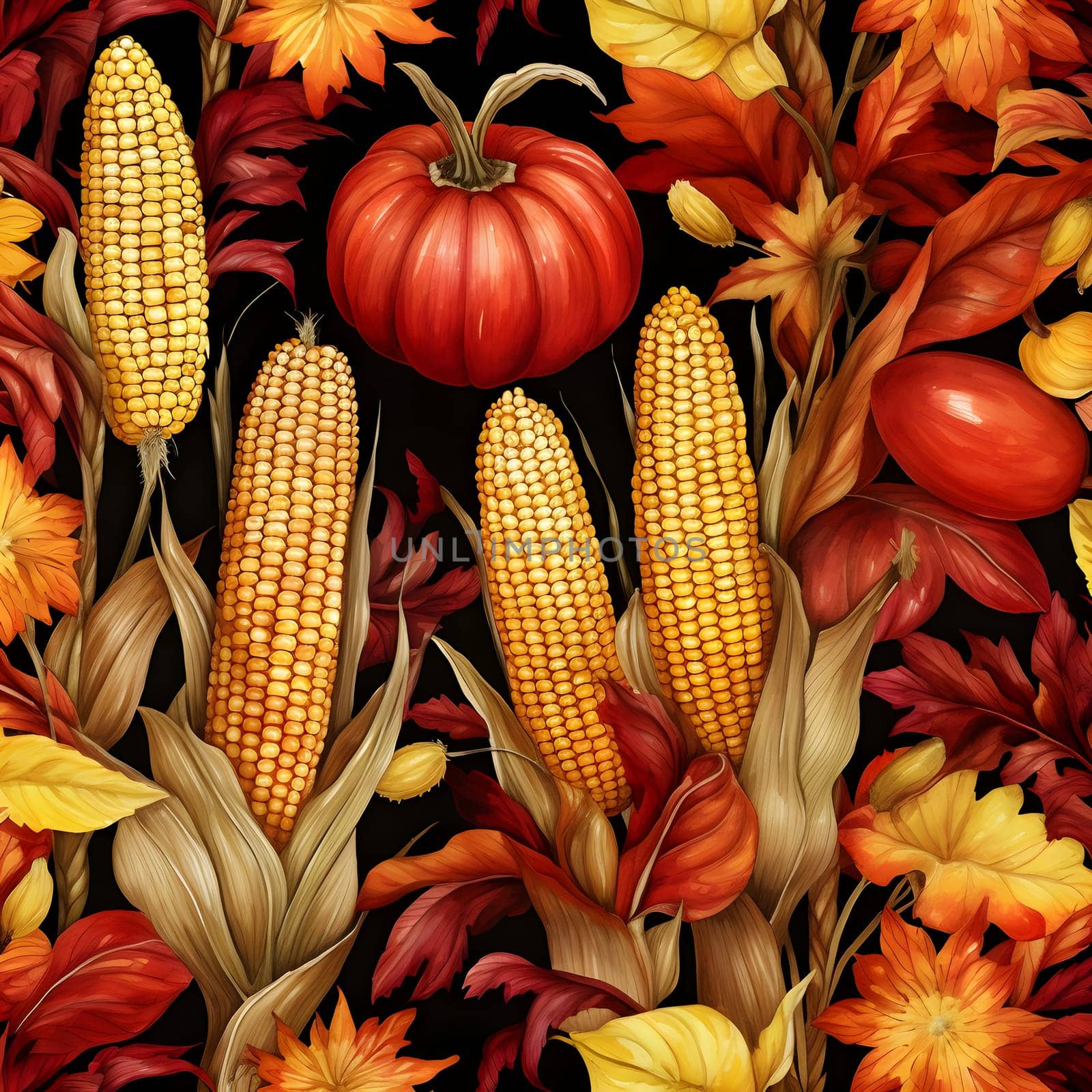 Elegant and modern. Corns, cobs, leaves, pumpkins, as abstract background, wallpaper, banner, texture design with pattern - vector. Dark colors.