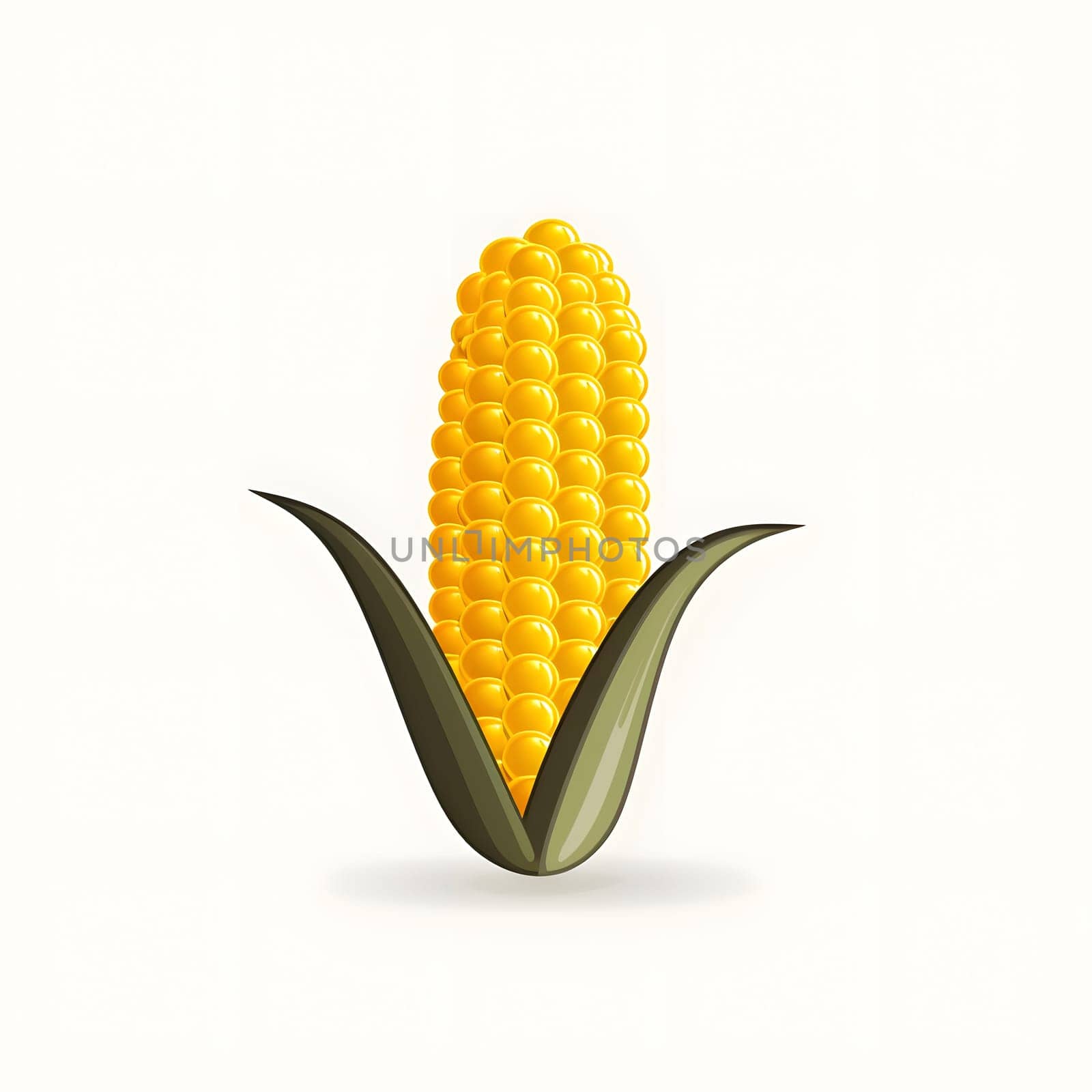 Yellow corn cob with two green leaves logo. Corn as a dish of thanksgiving for the harvest, picture on a white isolated background. An atmosphere of joy and celebration.