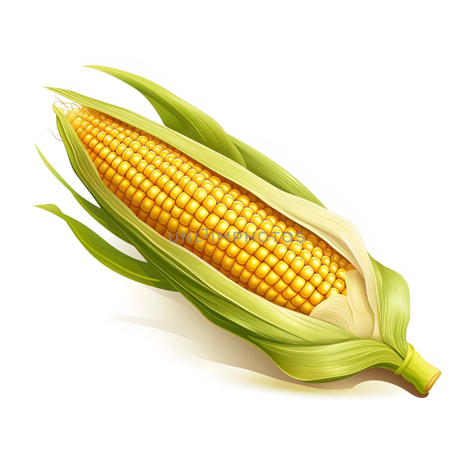 Illustration of corn cob with green leaf. Corn as a dish of thanksgiving for the harvest, picture on a white isolated background. An atmosphere of joy and celebration.