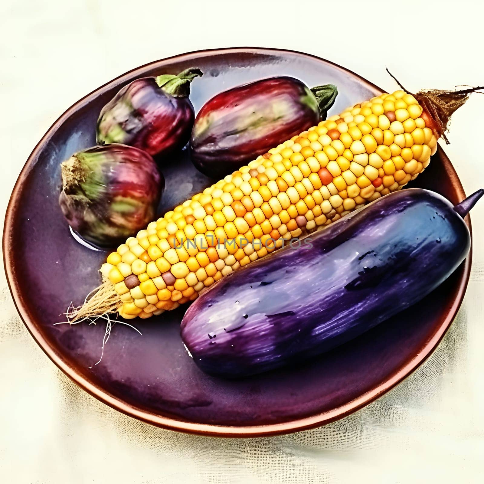 Eggplants and corn cob on a plate. Corn as a dish of thanksgiving for the harvest. An atmosphere of joy and celebration.