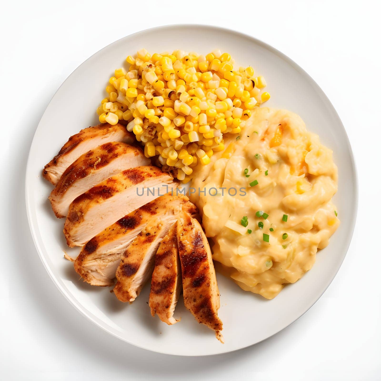 White plate, and on it roasted chicken breast corn kernels and mousse. Corn as a dish of thanksgiving for the harvest, picture on a white isolated background. An atmosphere of joy and celebration.