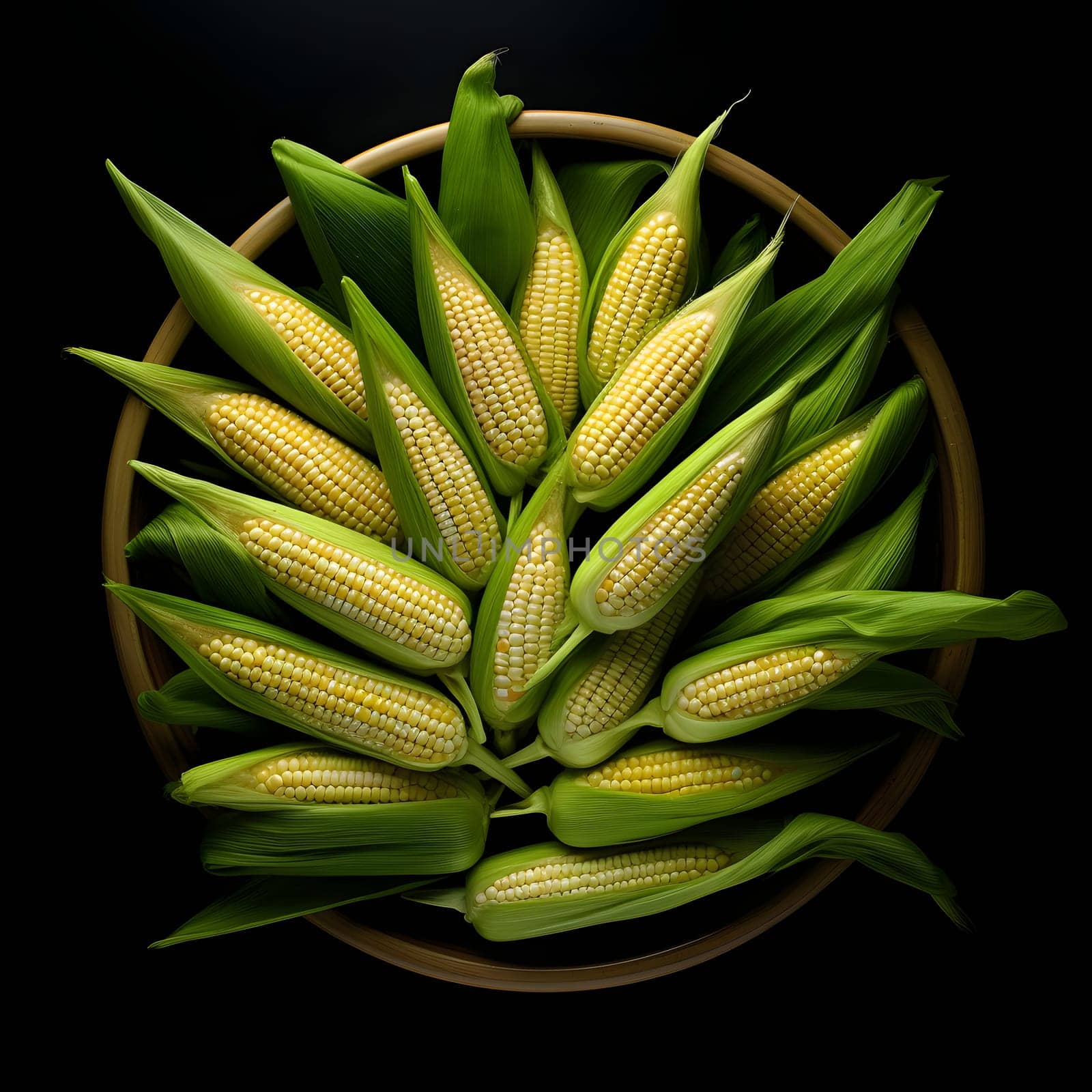 Bowl full of yellow corn cobs in green leaves. Corn as a dish of thanksgiving for the harvest, a picture on a black isolated background. by ThemesS