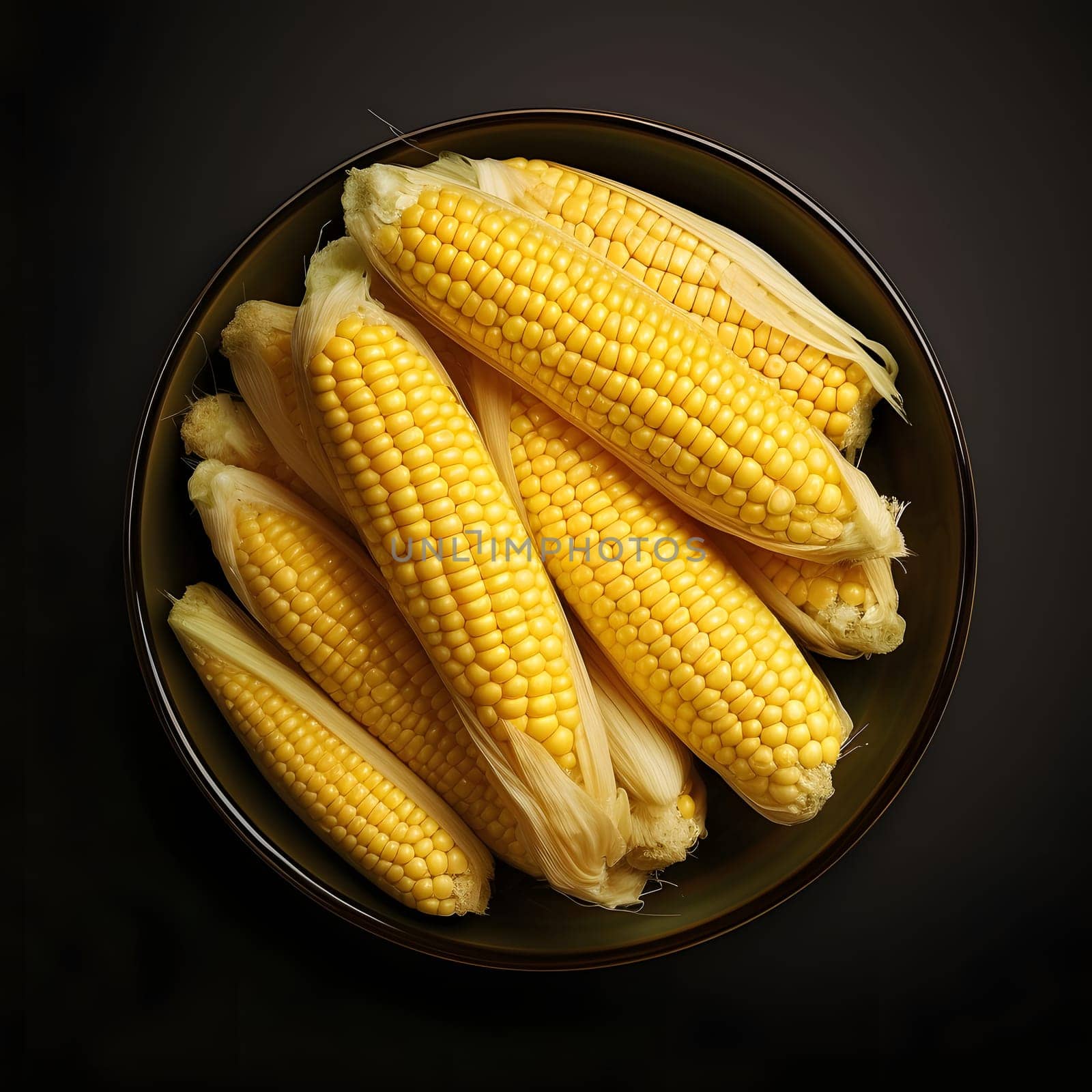 Bowl full of yellow corn cobs in green leaves. Corn as a dish of thanksgiving for the harvest, a picture on a black isolated background. An atmosphere of joy and celebration.