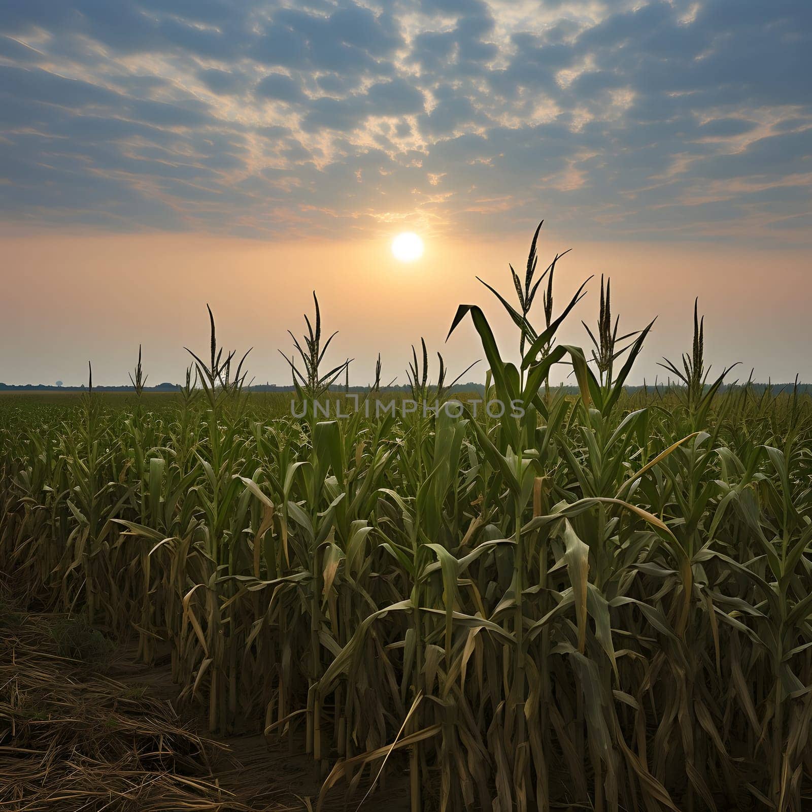 A field of corn at sunset. Corn as a dish of thanksgiving for the harvest. An atmosphere of joy and celebration.