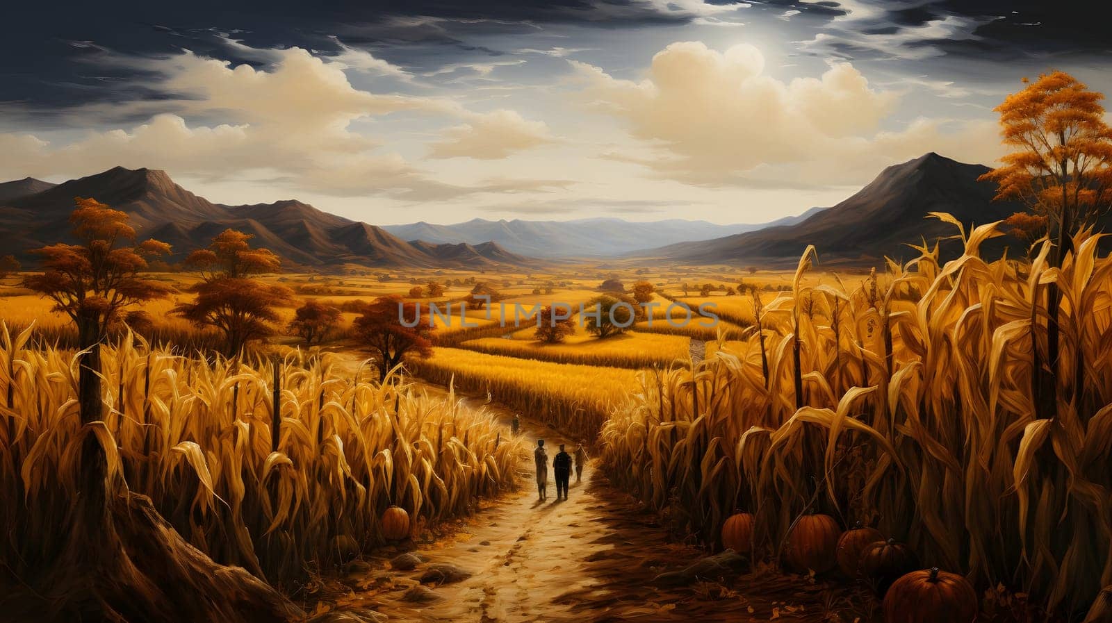 A view of a corn field stretching to the tops of the mountains and two people walking along a path. Corn as a dish of thanksgiving for the harvest. An atmosphere of joy and celebration.