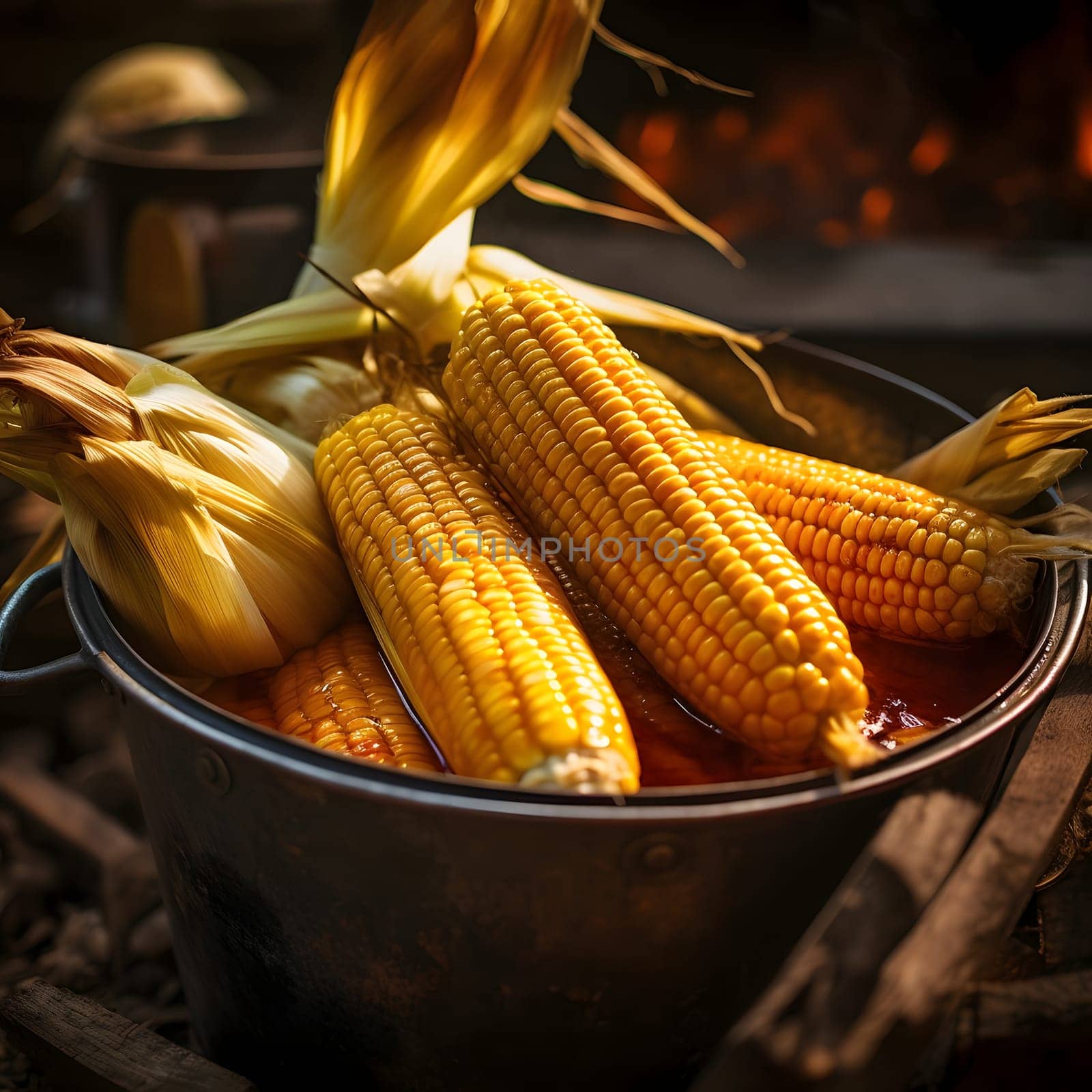 Metal bucket with picked corn cobs. Corn as a dish of thanksgiving for the harvest. by ThemesS