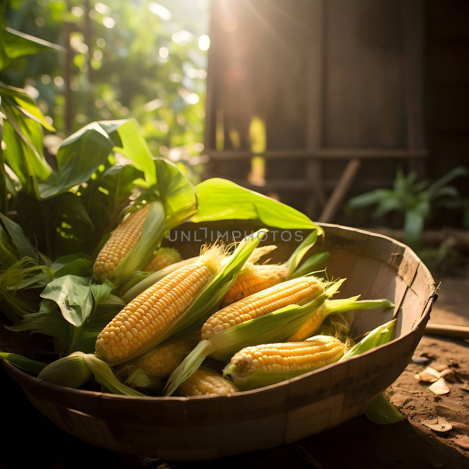 Yellow corn cobs with leaves during harvest in a fabric basket. Corn as a dish of thanksgiving for the harvest. An atmosphere of joy and celebration.