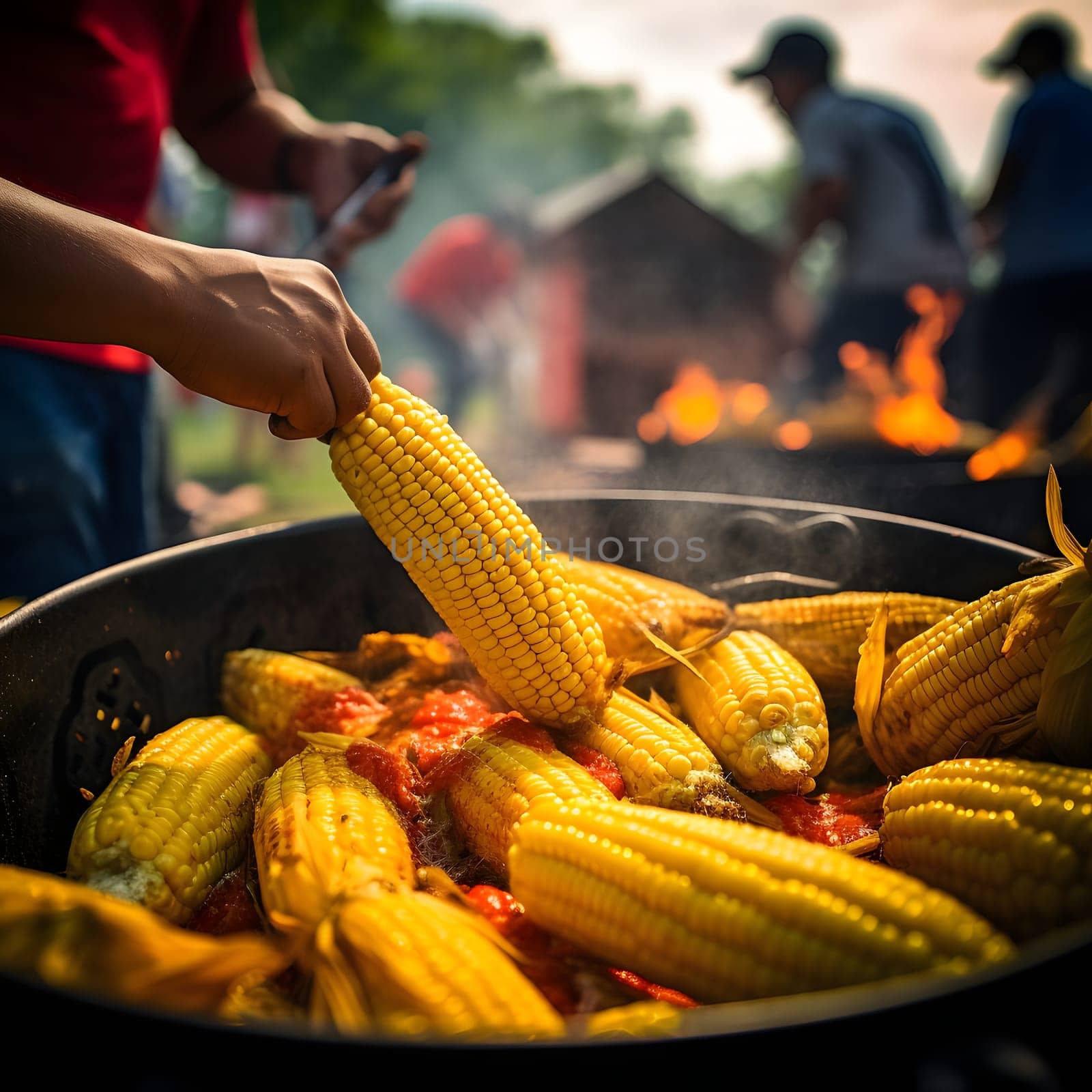 A large metal bowl with cobs, corn and a man and receiving. Corn as a dish of thanksgiving for the harvest. An atmosphere of joy and celebration.