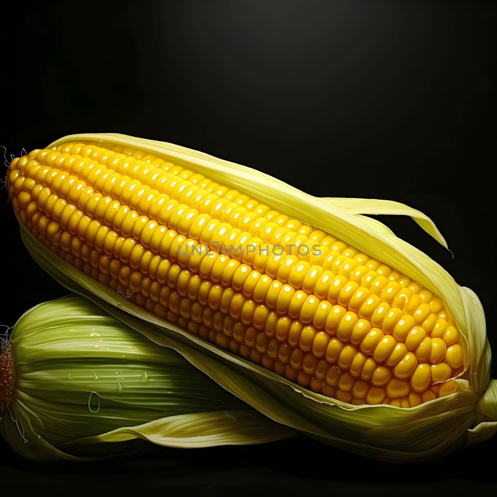 Two corn cobs close-up one open yellow, the other in green leaf, dark black background. Corn as a dish of thanksgiving for the harvest. An atmosphere of joy and celebration.