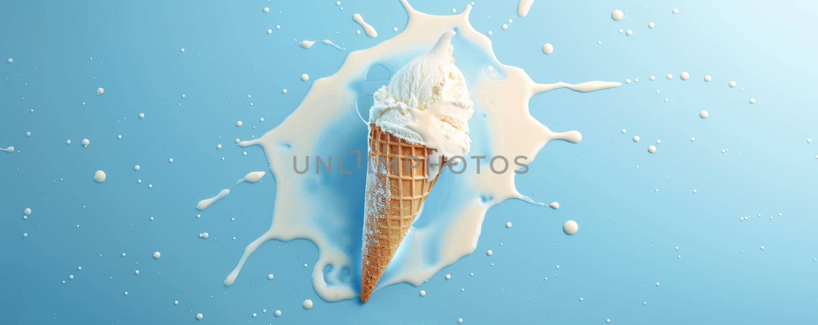 Vanilla Ice Cream Cone Melting on Blue Background.