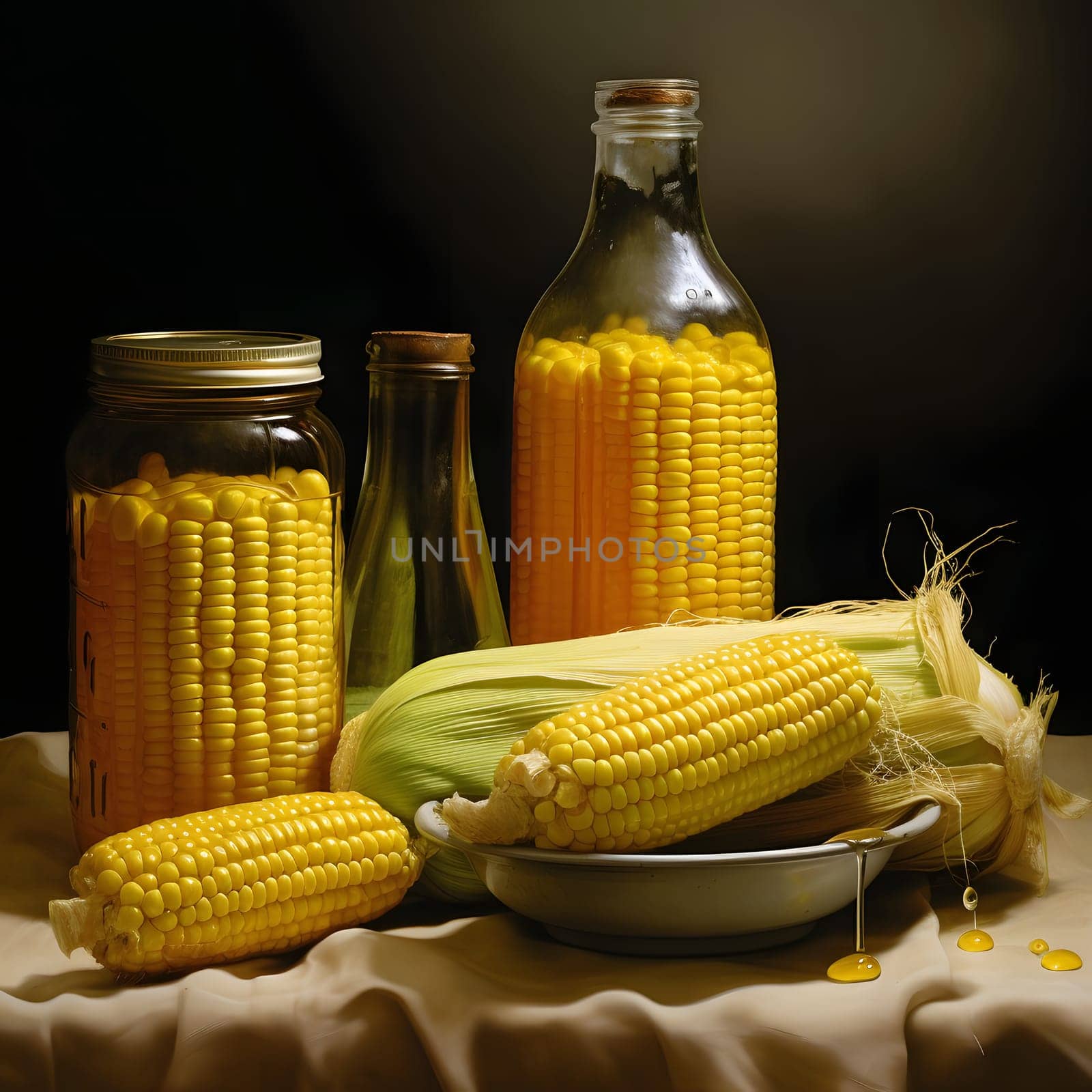 Yellow corn cobs and corn kernels in bottled, glass containers. Corn as a dish of thanksgiving for the harvest. An atmosphere of joy and celebration.