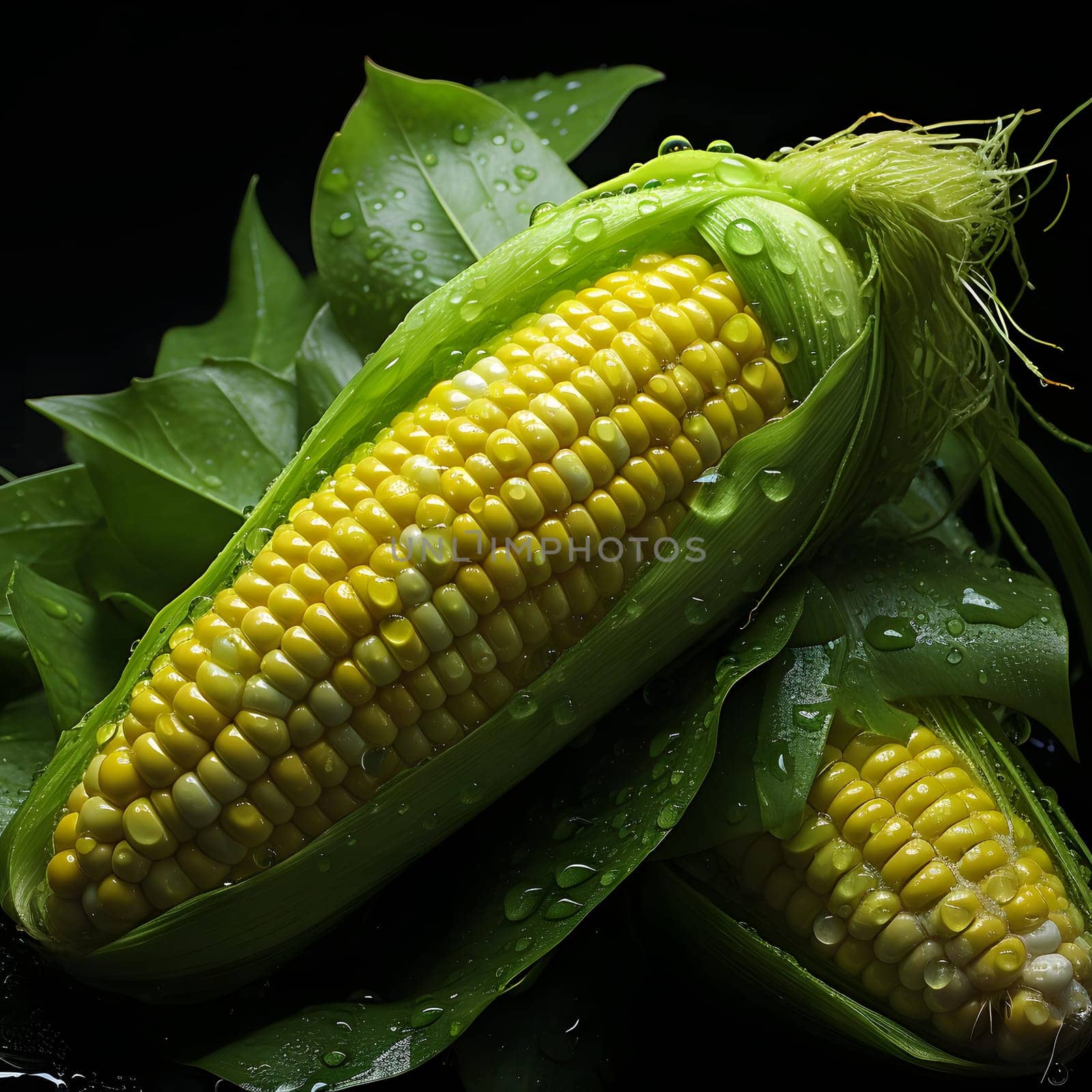 Close-up view of two yellow corn cobs in green leaves with water drops on them. Black background. Corn as a dish of thanksgiving for the harvest, a picture on a white isolated background. An atmosphere of joy and celebration.