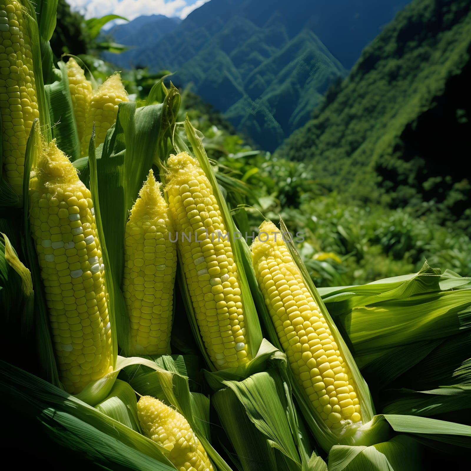 Yellow corn cobs leaf on bushes background mountainside green. Corn as a dish of thanksgiving for the harvest. An atmosphere of joy and celebration.