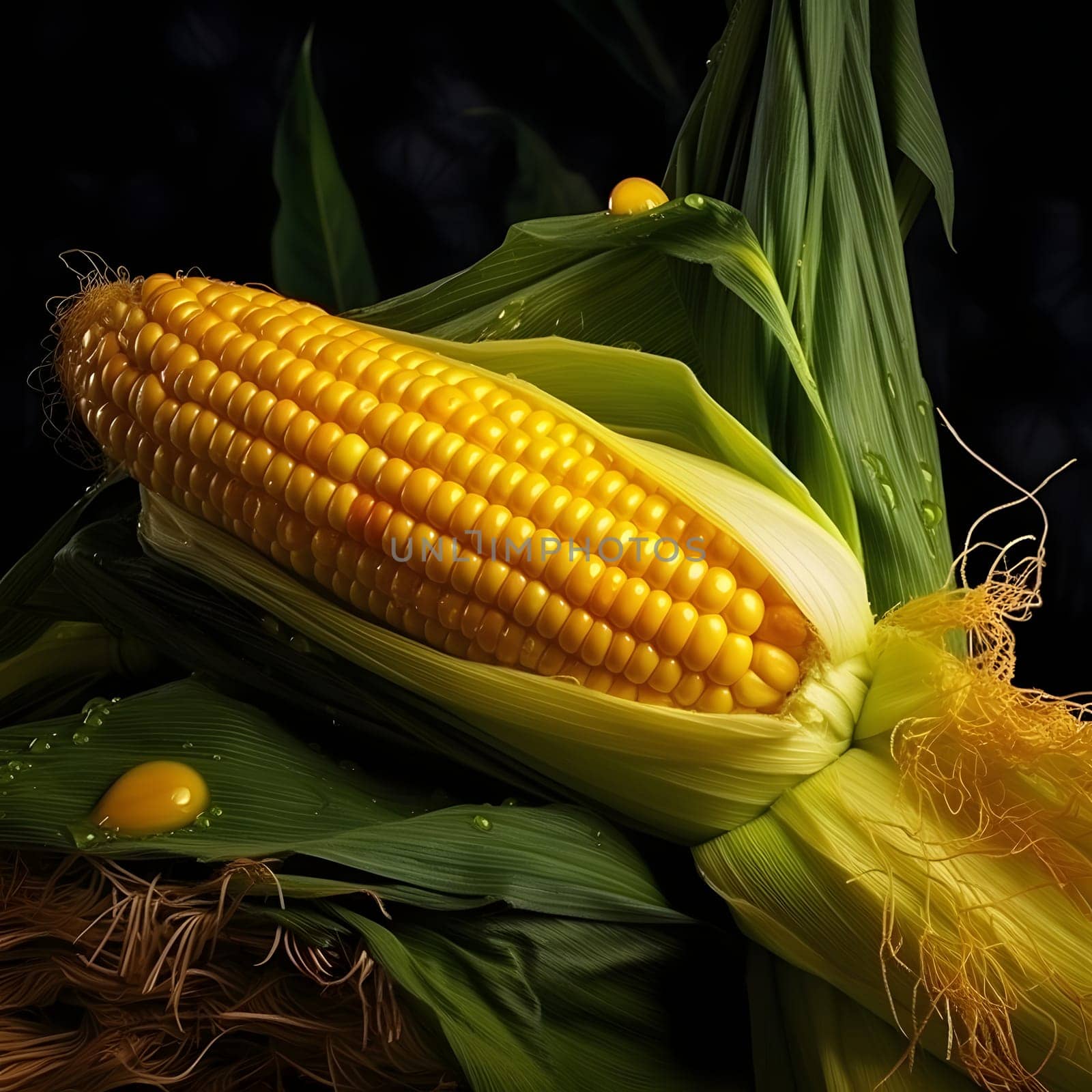 The photo is a close up of a yellow corn cob in a green leaf. Corn as a dish of thanksgiving for the harvest. An atmosphere of joy and celebration.