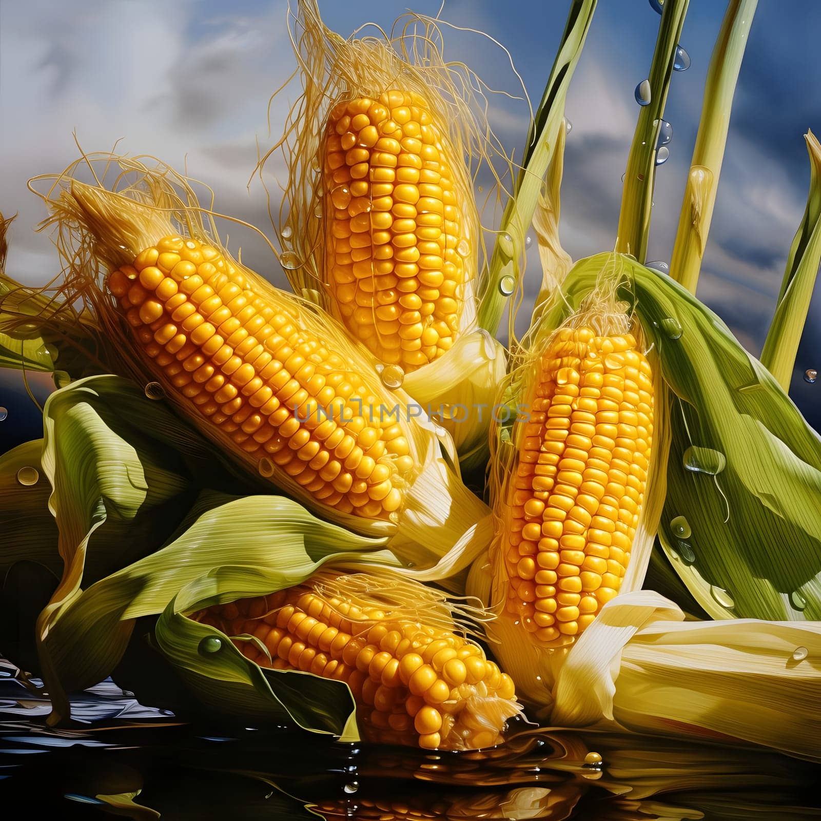 Yellow corn cobs in the leaf with water flowing under them. Corn as a dish of thanksgiving for the harvest. An atmosphere of joy and celebration.