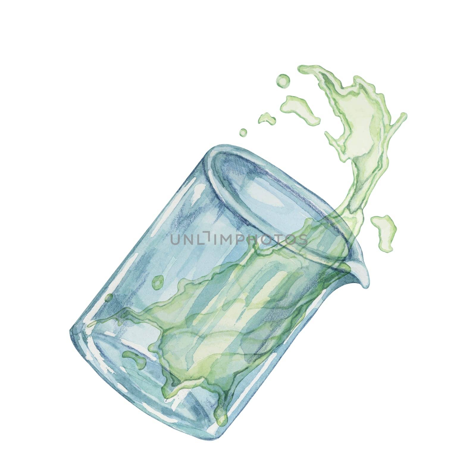 Glass beaker and green liquid splash. Fluid spill from glass watercolor Science glassware clipart, educational illustration, in beauty, school lab, medical, pharmacology bio chemistry equipment.