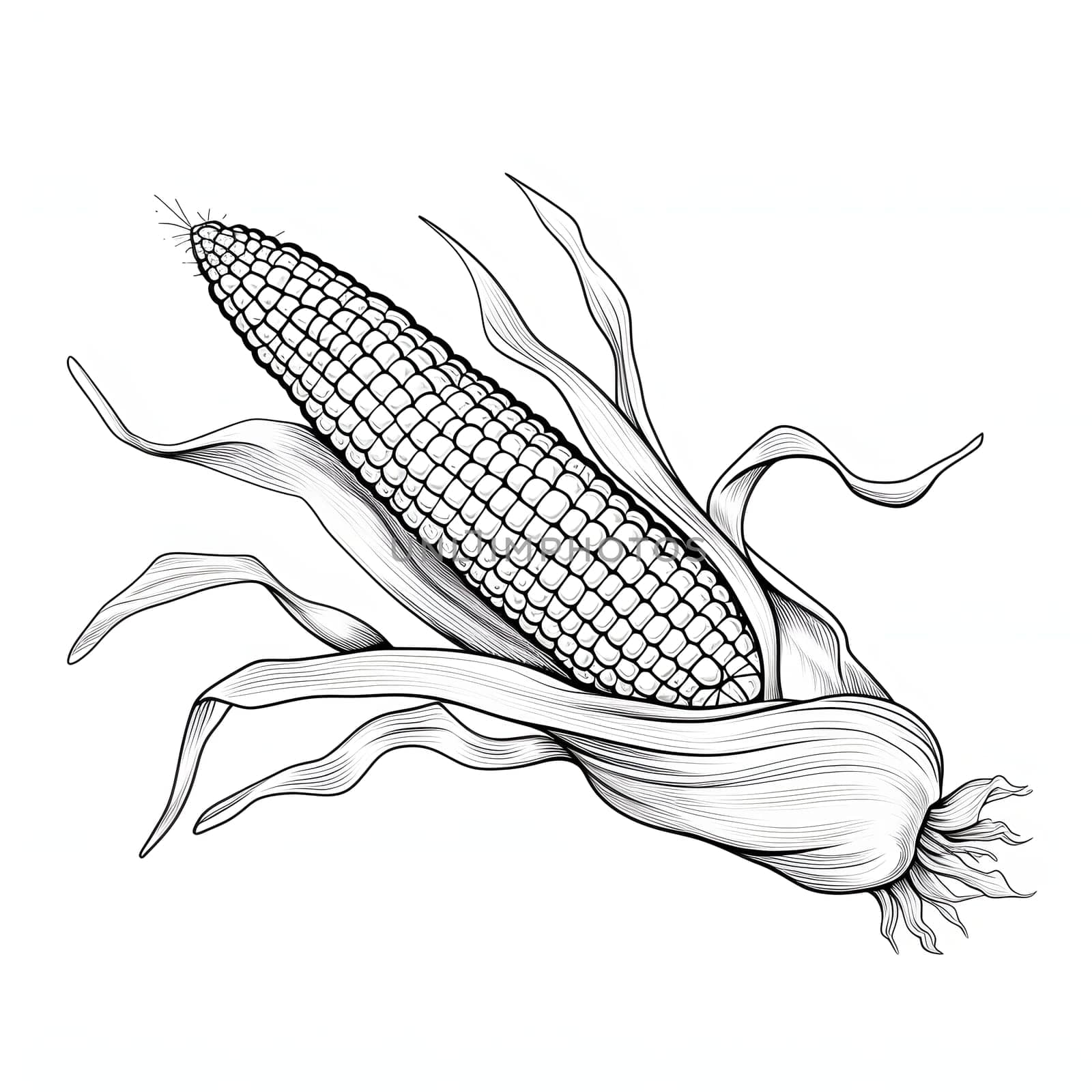 Black and White coloring book corn in a leaf. Corn as a dish of thanksgiving for the harvest, a picture on a white isolated background. An atmosphere of joy and celebration.
