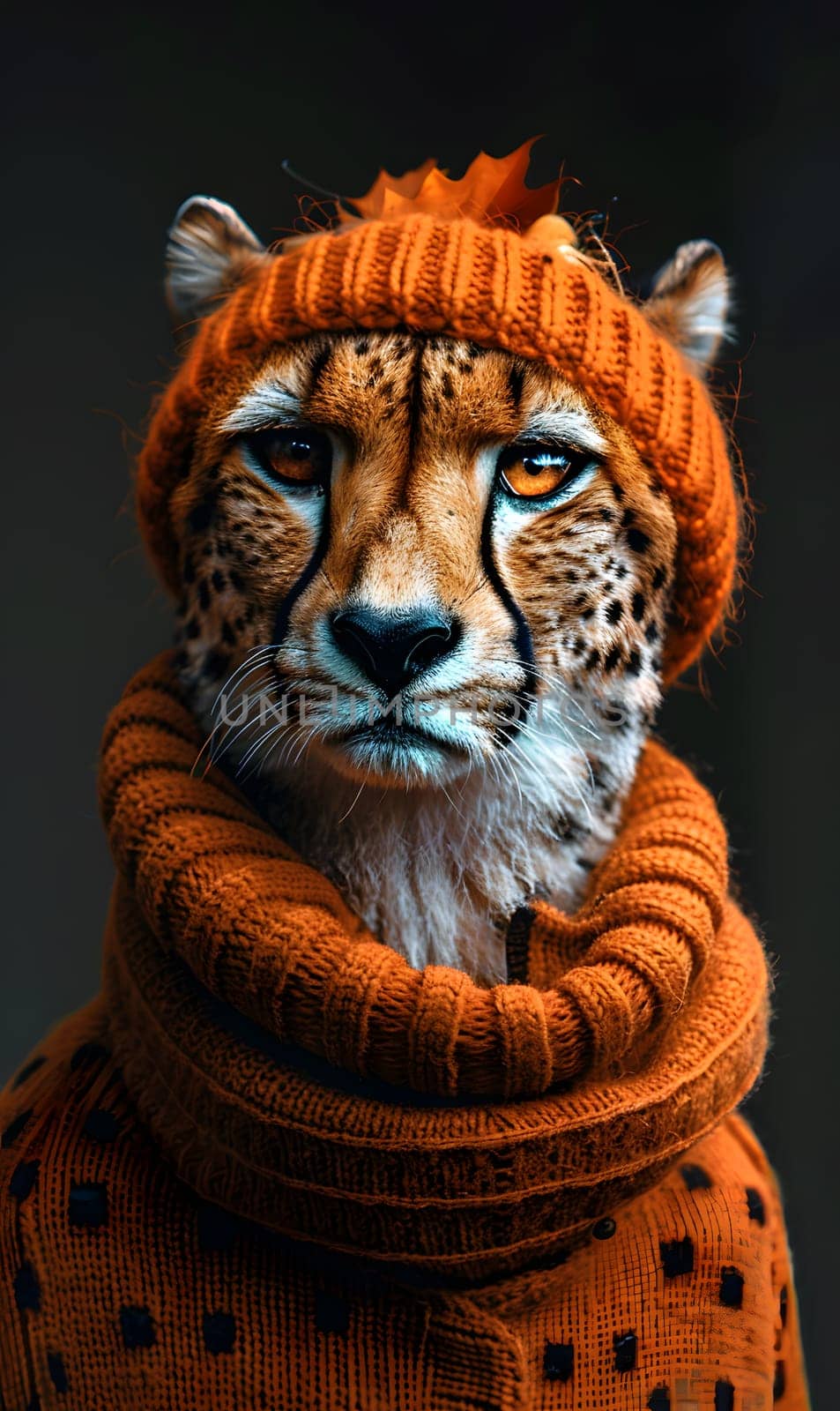 a cheetah wearing an orange hat and scarf . High quality