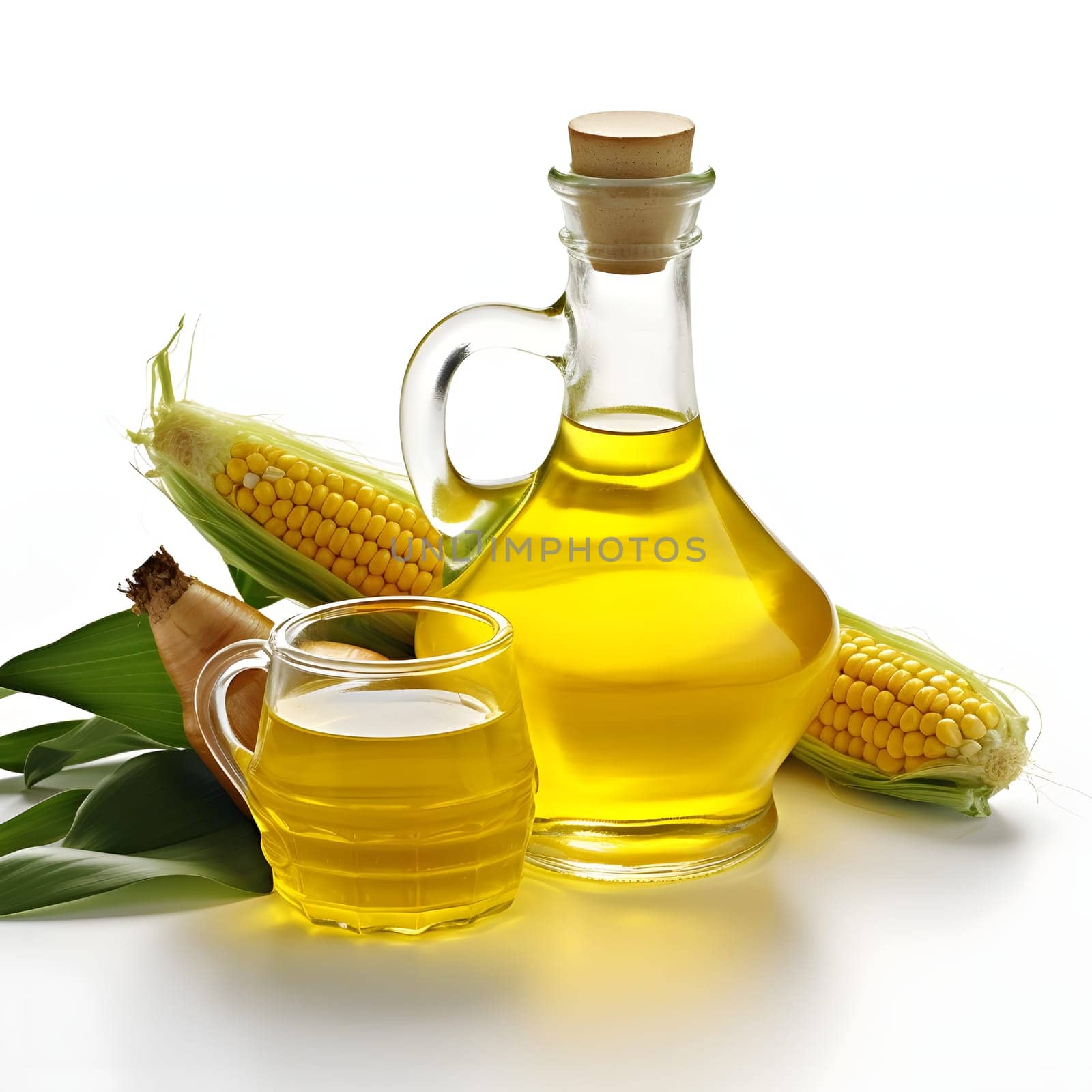 Oil in a glass container and corn cobs with leaves. Corn as a dish of thanksgiving for the harvest, a picture on a white isolated background. An atmosphere of joy and celebration.