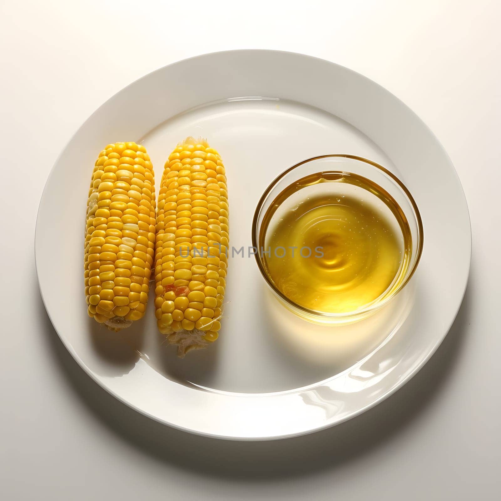 Oil in a glass and age of small corn cobs on a plate. Corn as a dish of thanksgiving for the harvest, a picture on a white isolated background. An atmosphere of joy and celebration.